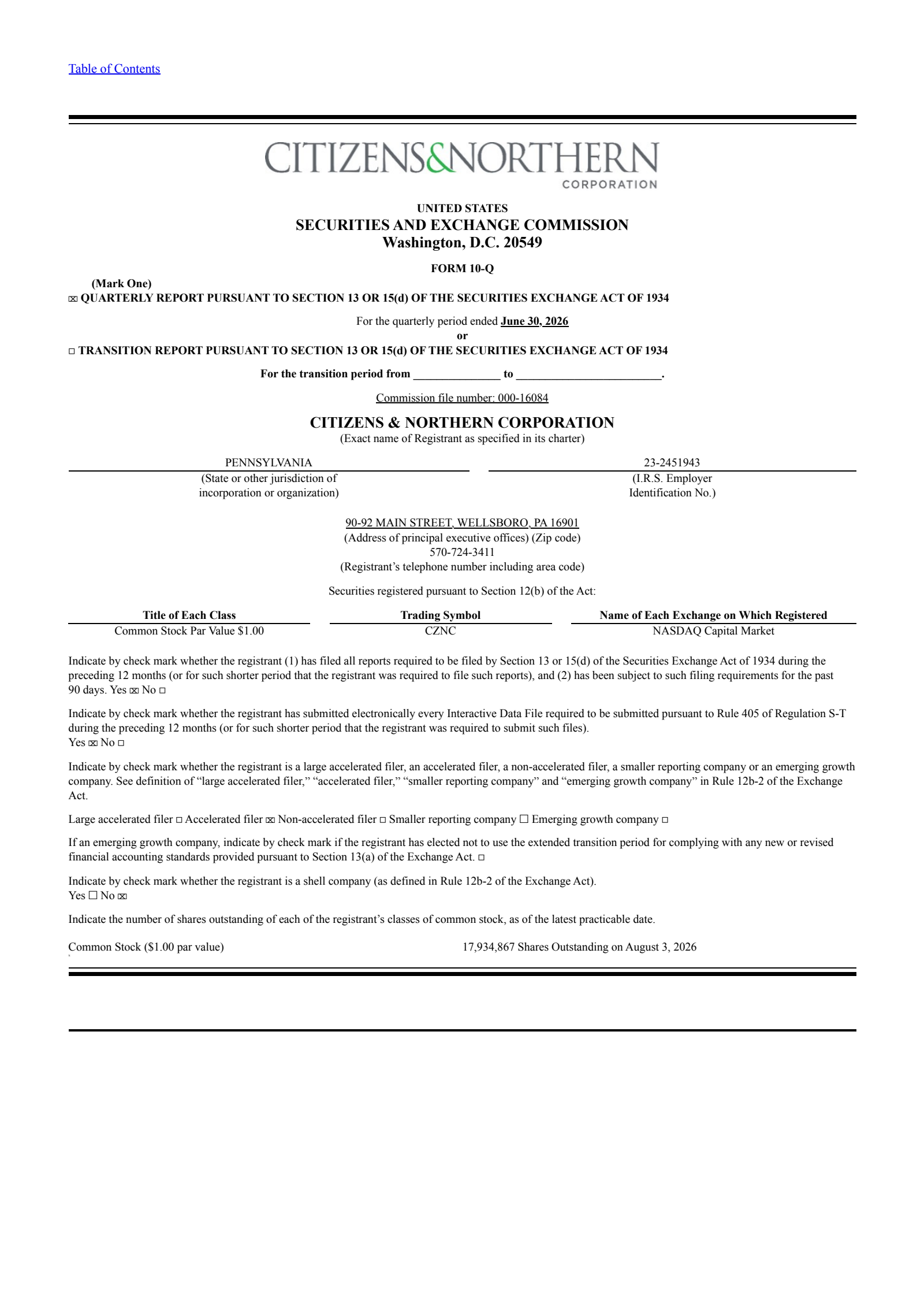 Citizens & Northern's Q2 2026 Quarterly report