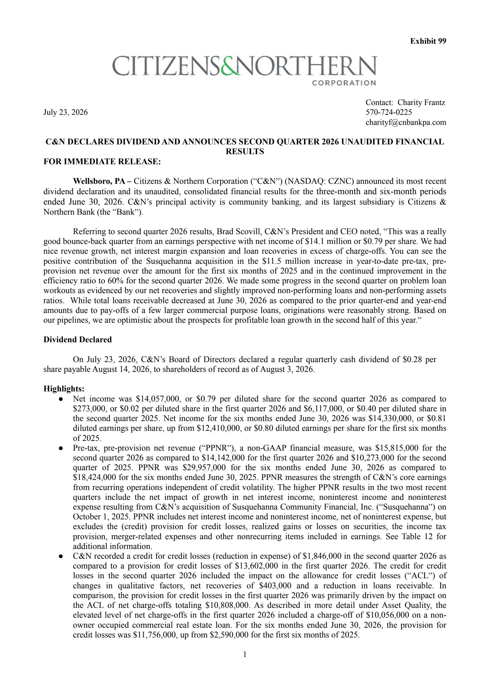 Citizens & Northern's Q2 2026 Press Release