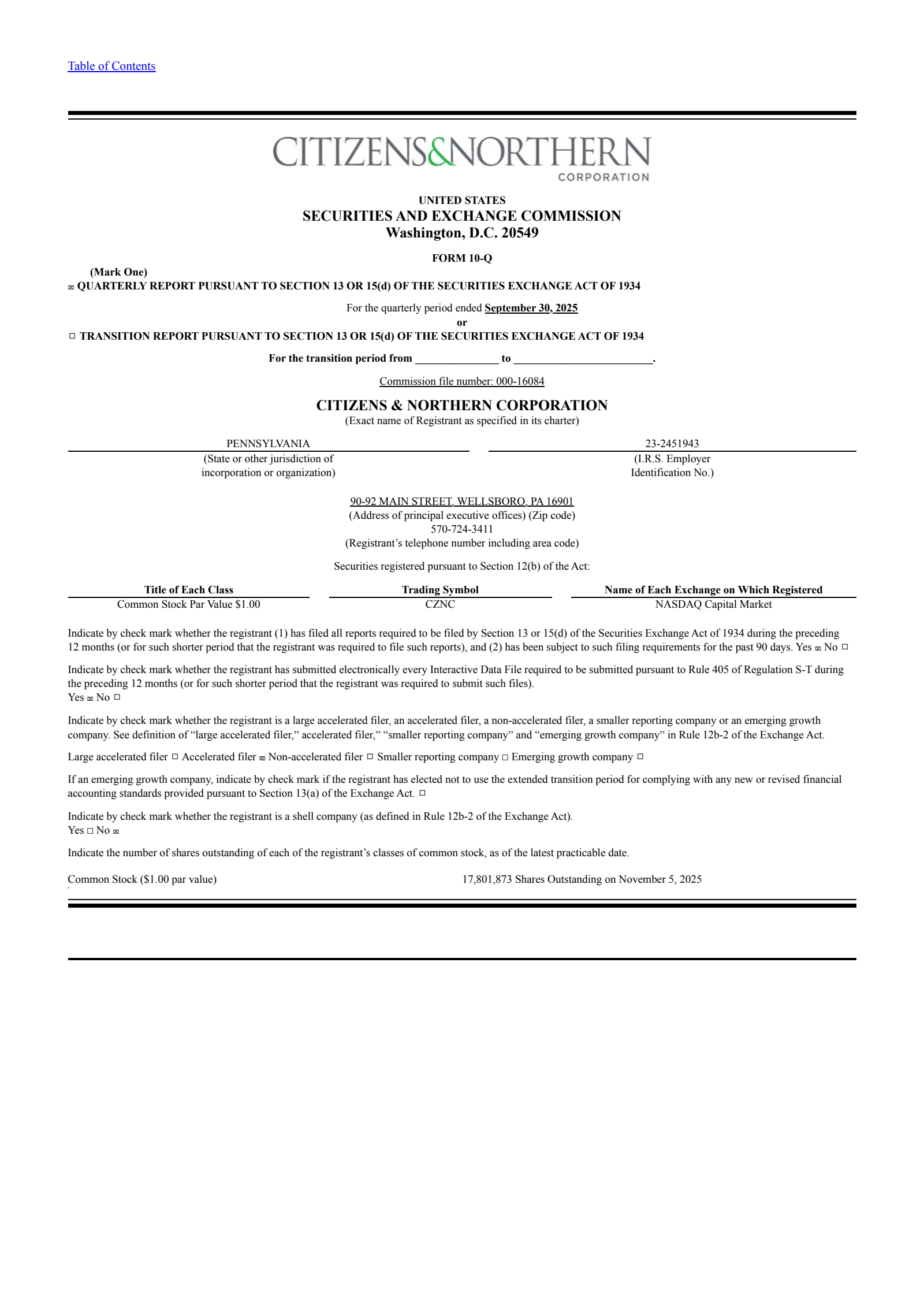 Citizens & Northern's Q3 2025 Quarterly Report