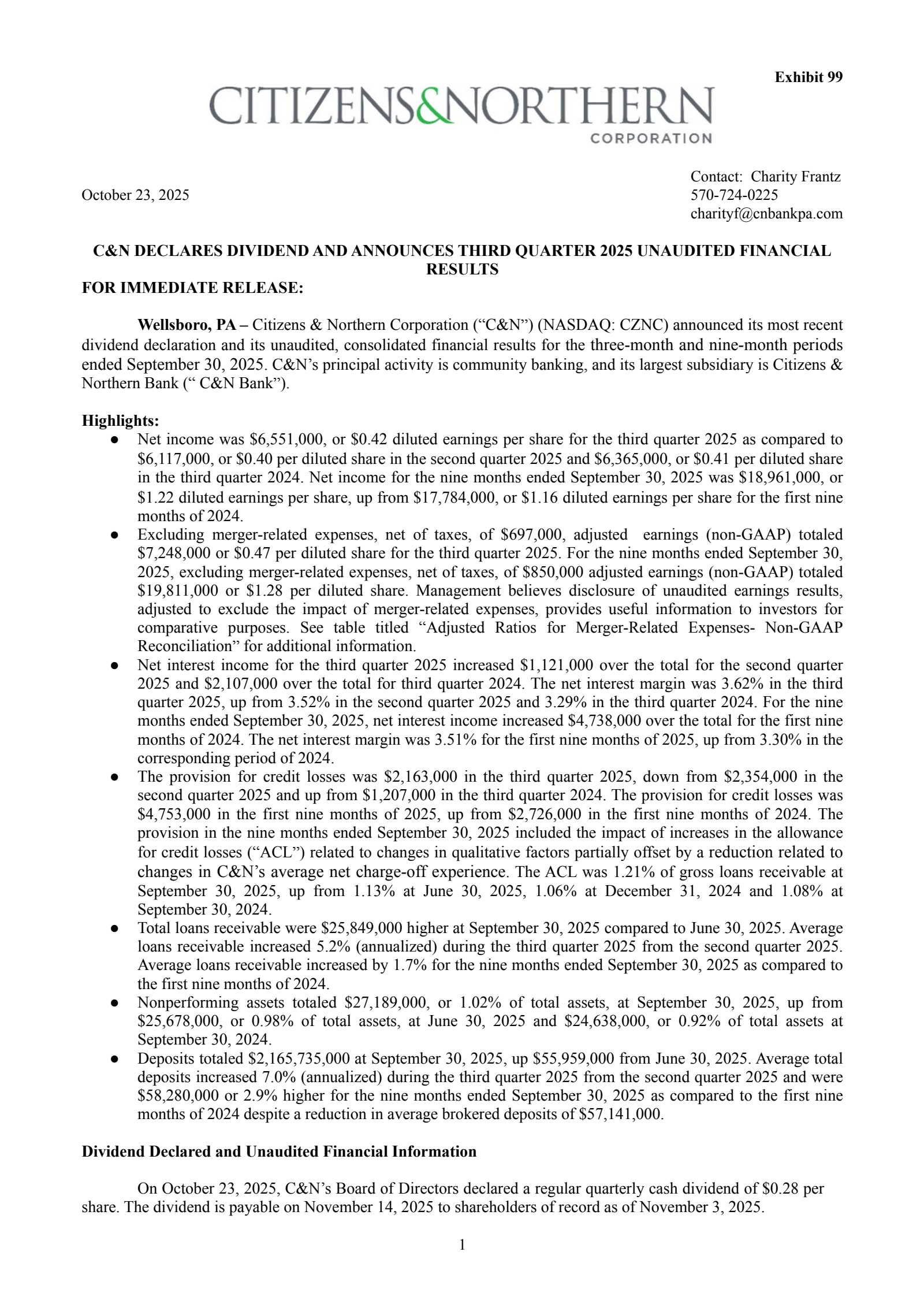 Citizens & Northern's Q3 2025 Earnings Release