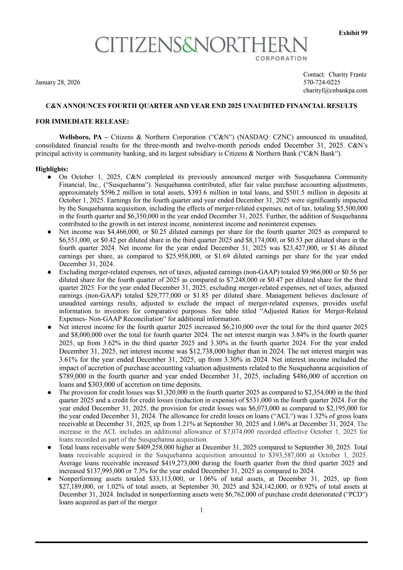 Citizens & Northern's Q4 2025 Press Release