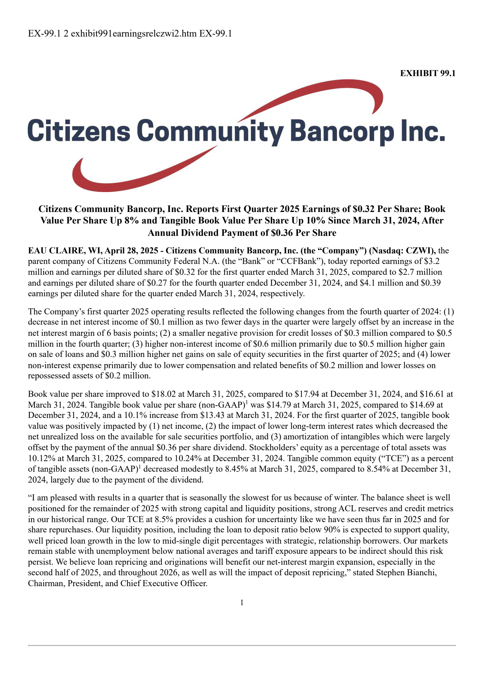 Citizens Community Bancorp's Q1 2025 Press Release