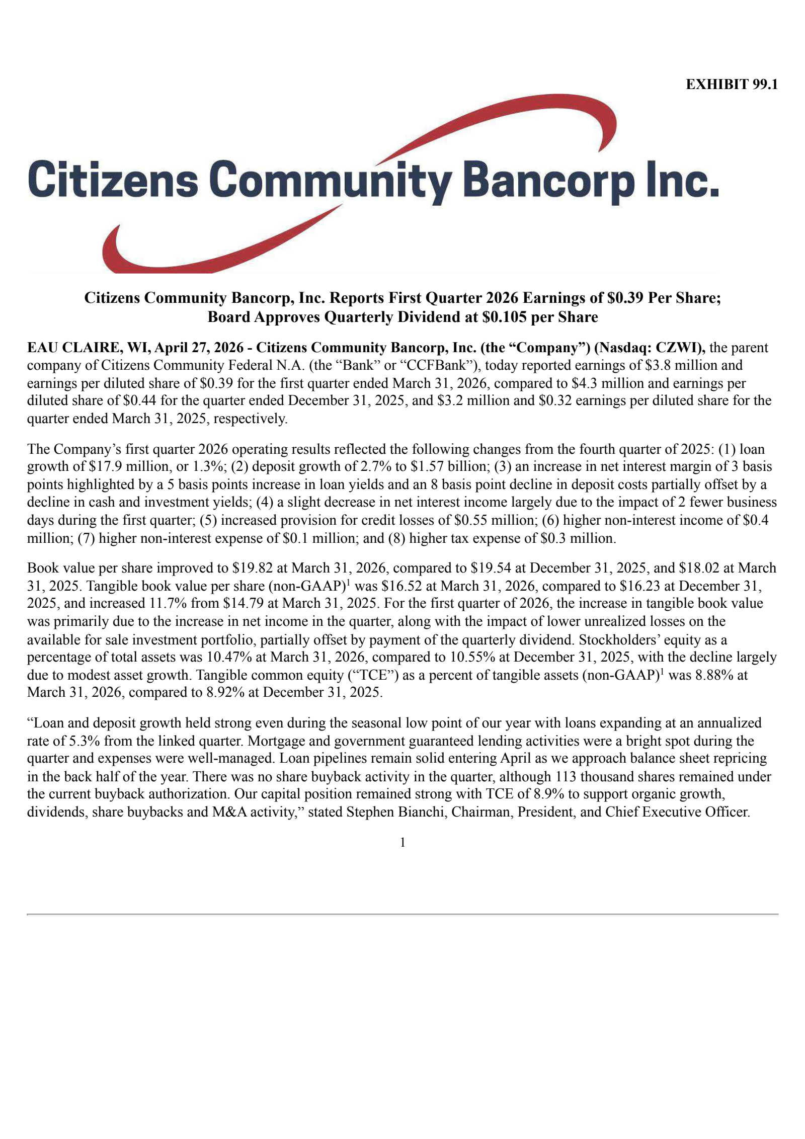 Citizens Community Bancorp's Q1 2026 Press Release