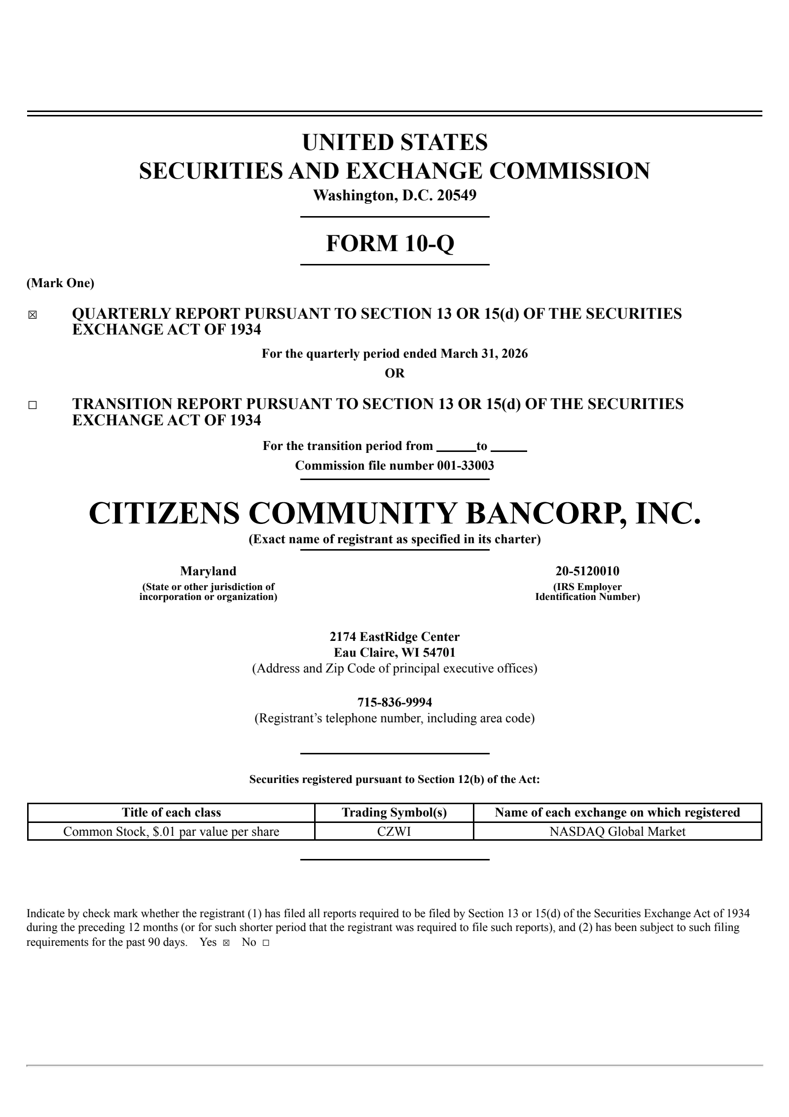 Citizens Community Bancorp's Q1 2026 Quarterly report