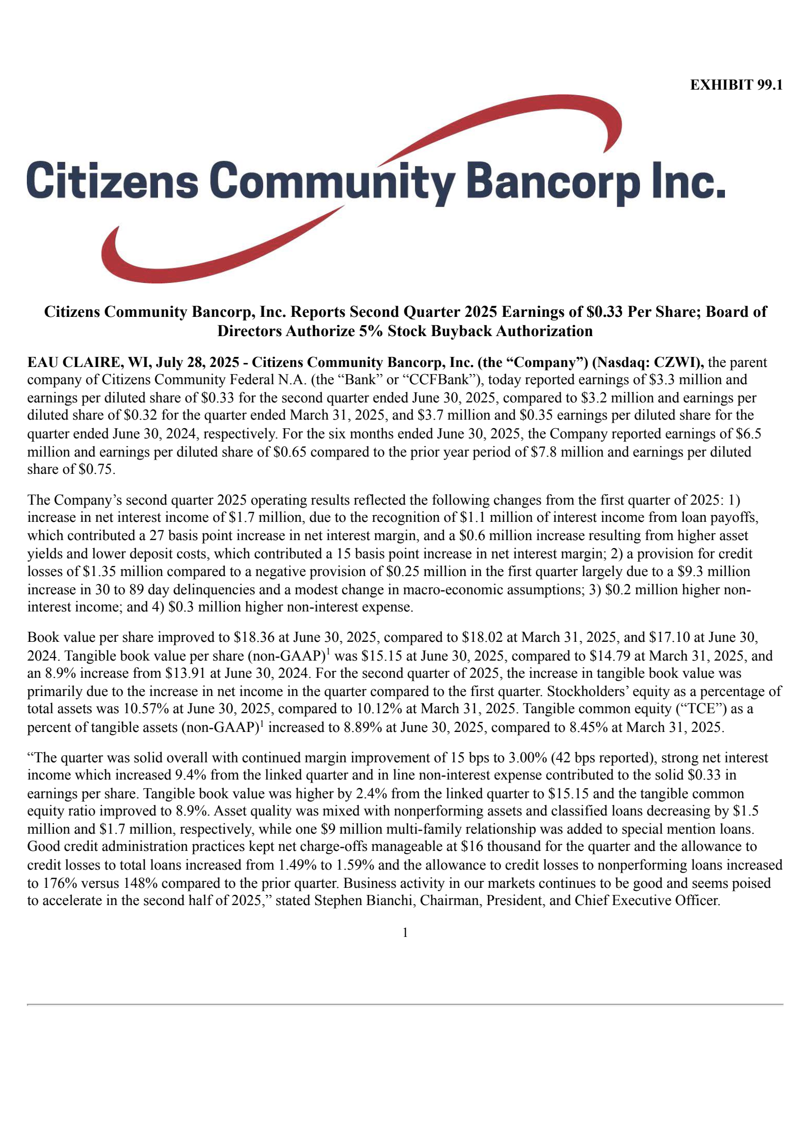 Citizens Community Bancorp's Q2 2025 Press Release