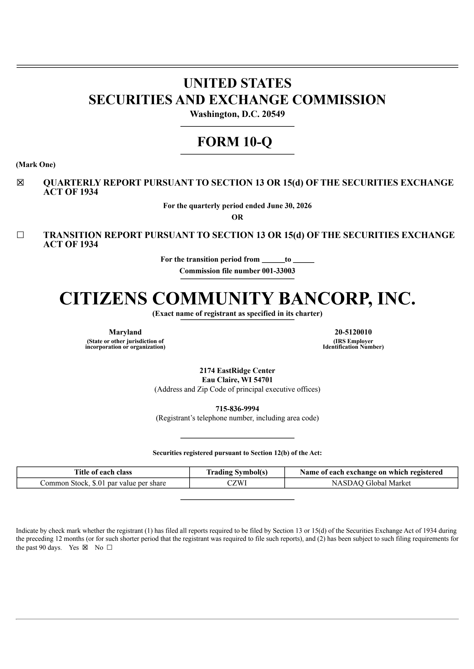 Citizens Community Bancorp's Q2 2026 Quarterly report