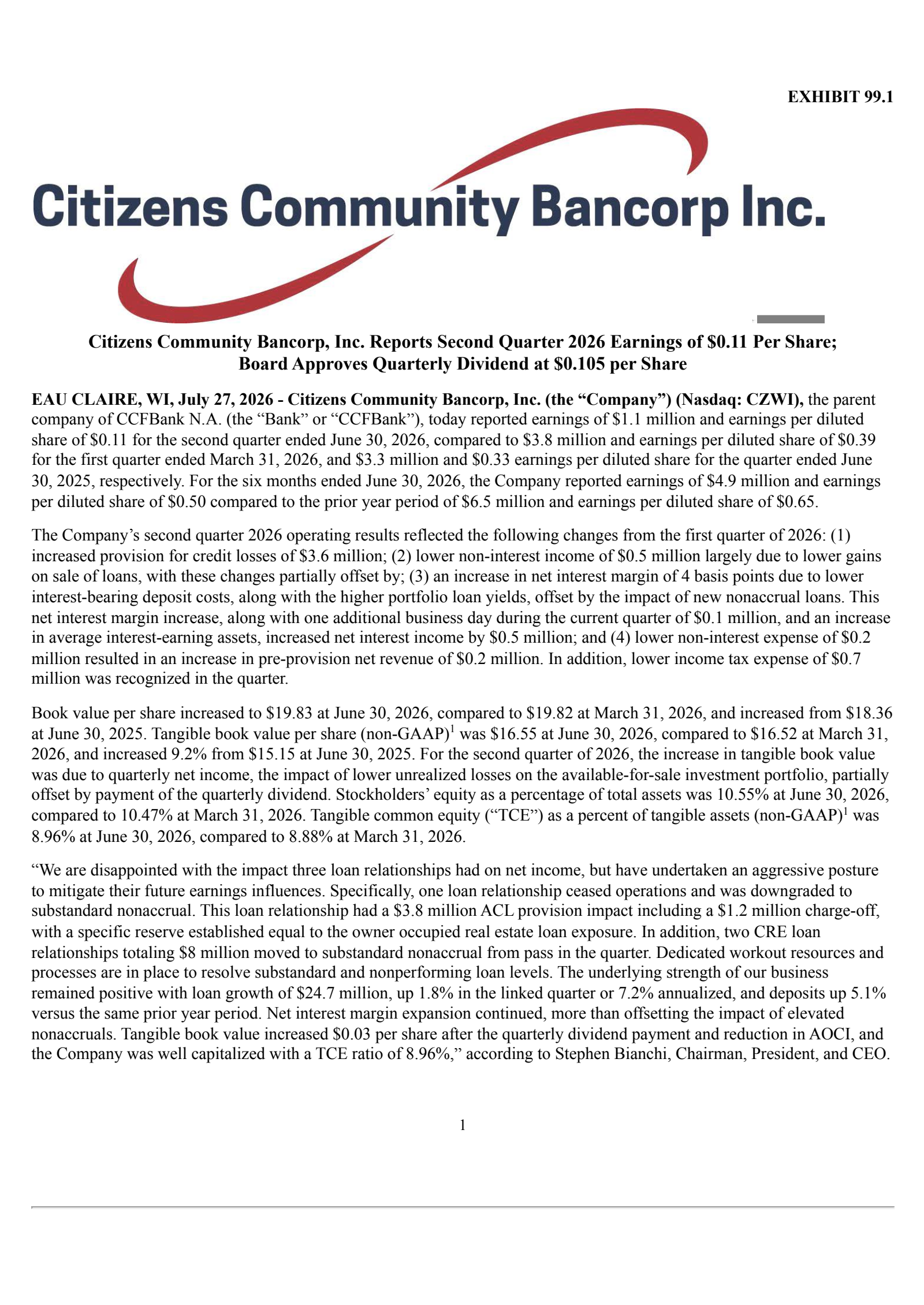 Citizens Community Bancorp's Q2 2026 Press Release