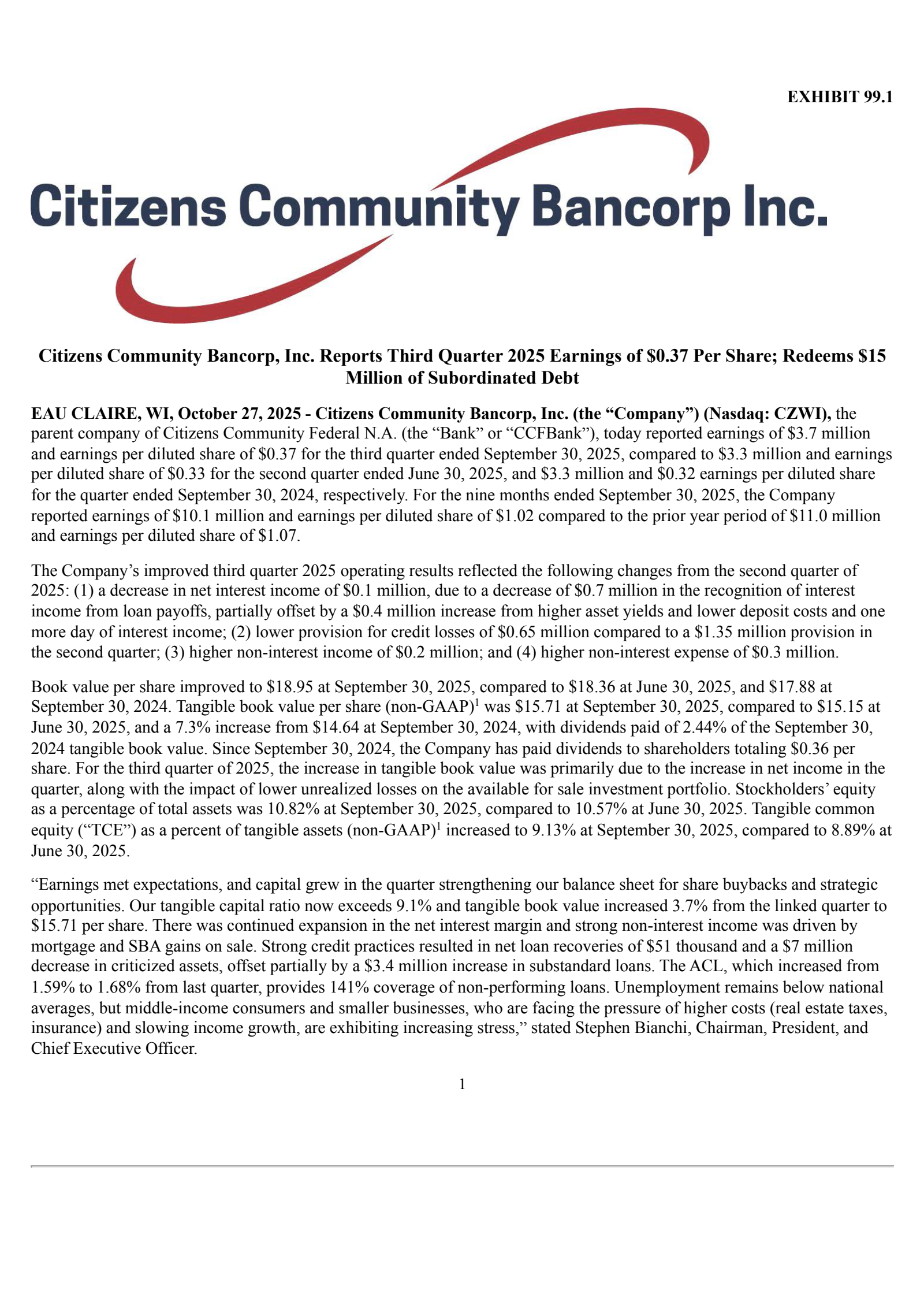 Citizens Community Bancorp's Q3 2025 Earnings Release