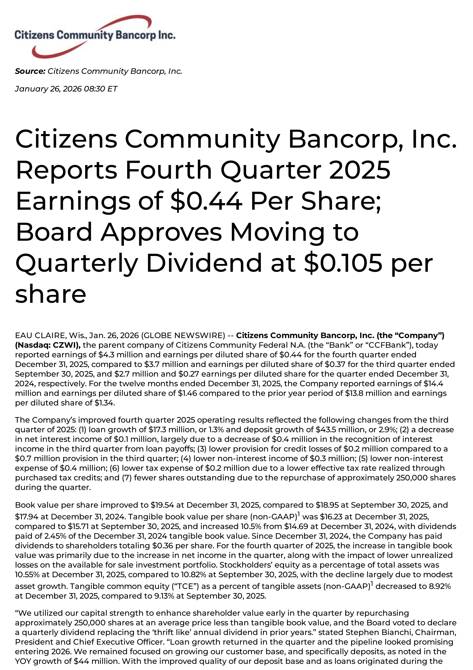 Citizens Community Bancorp's Q4 2025 Press Release