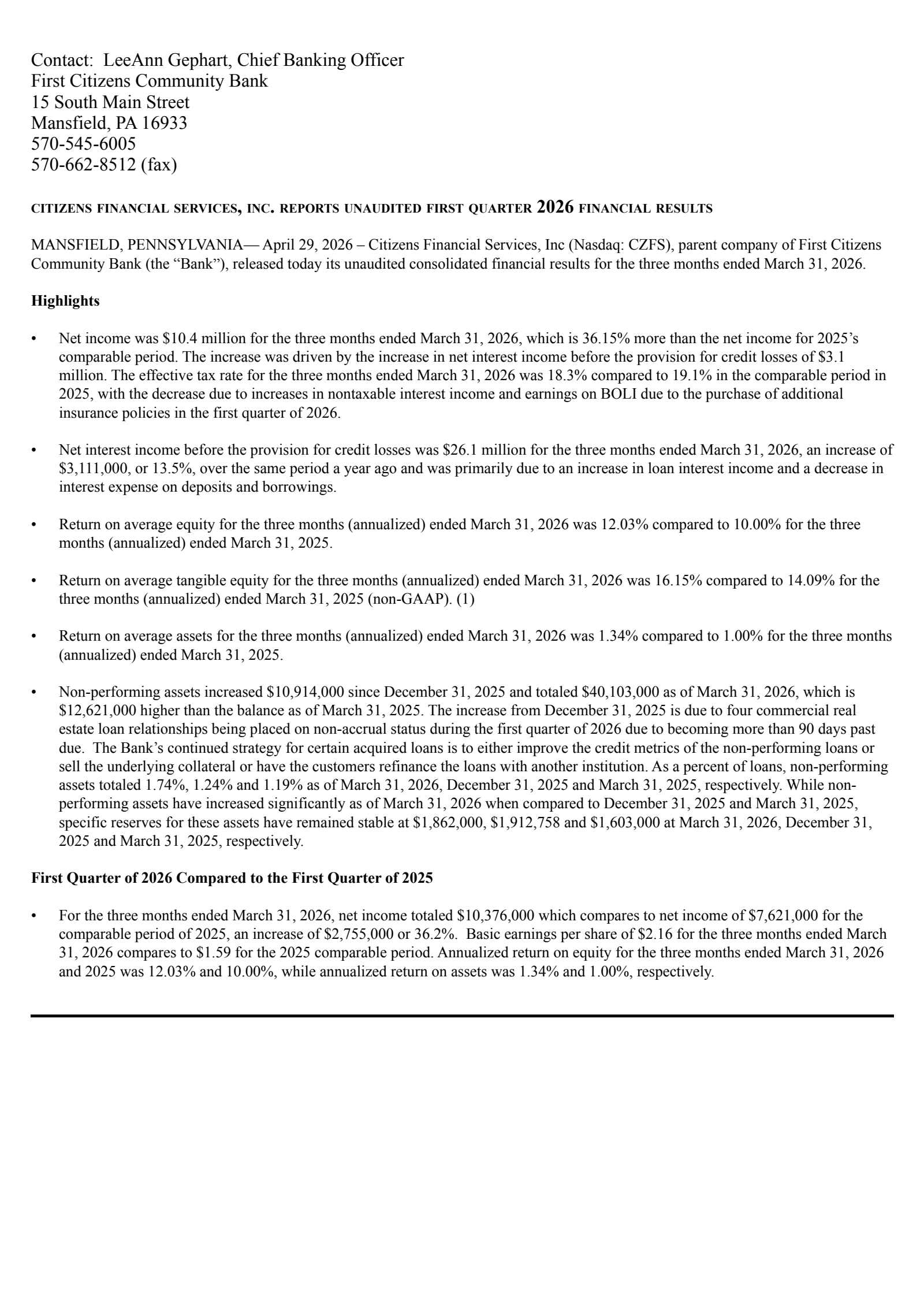 Citizens Financial Services' Q1 2026 Press Release