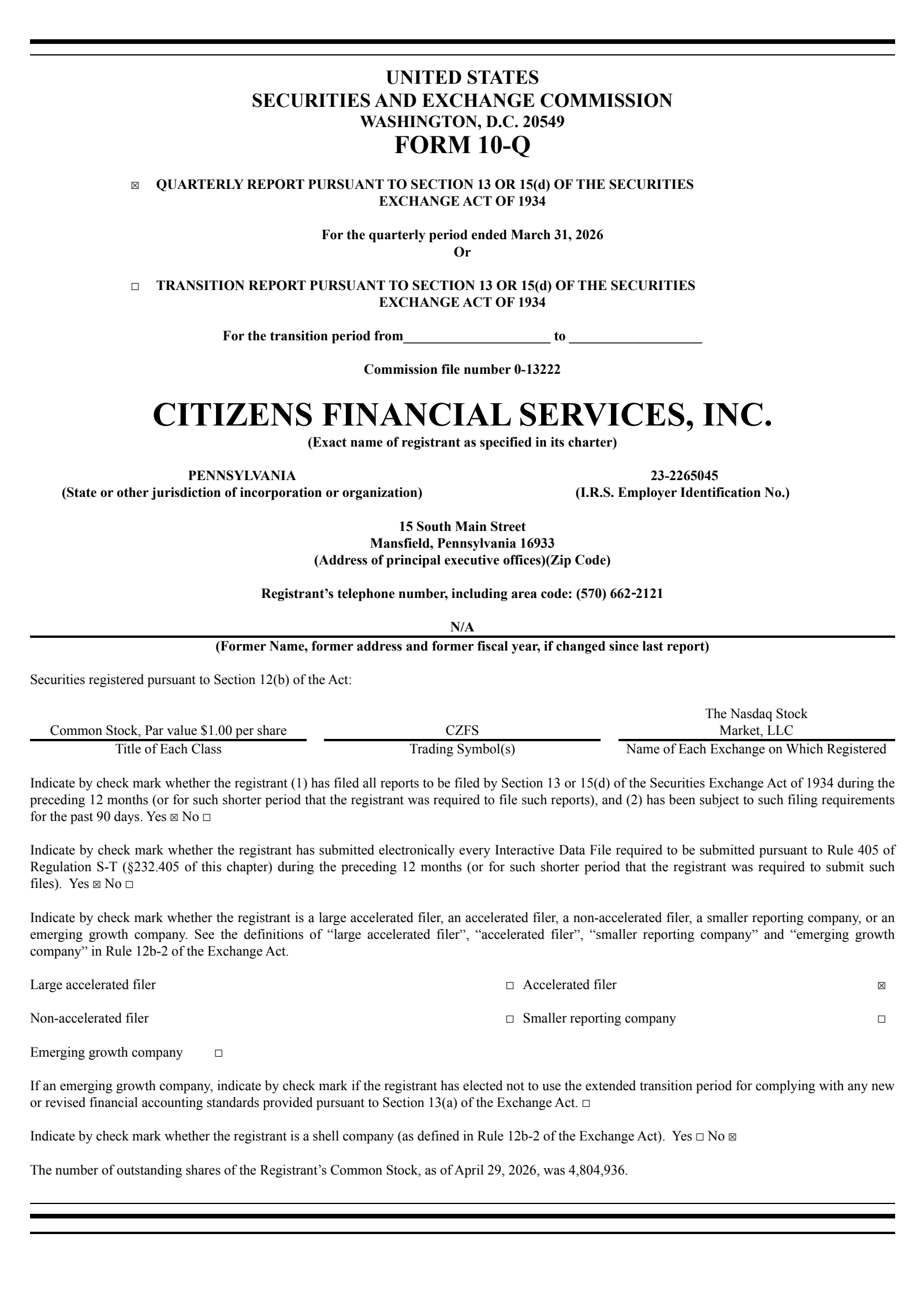 Citizens Financial Services' Q1 2026 Quarterly report