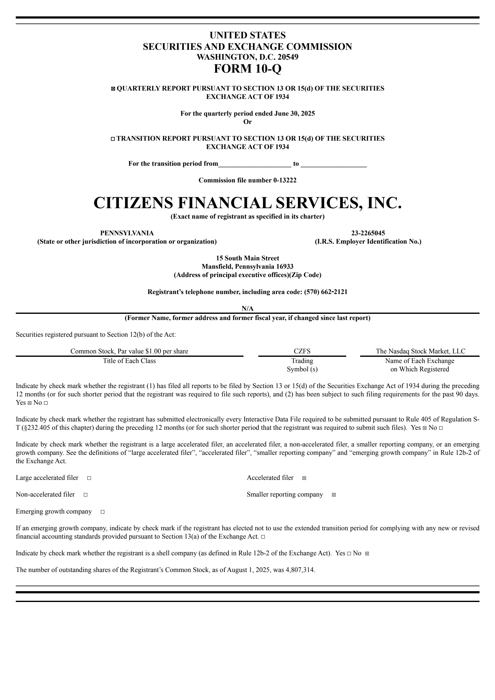 Citizens Financial Services' Q2 2025 Quarterly report