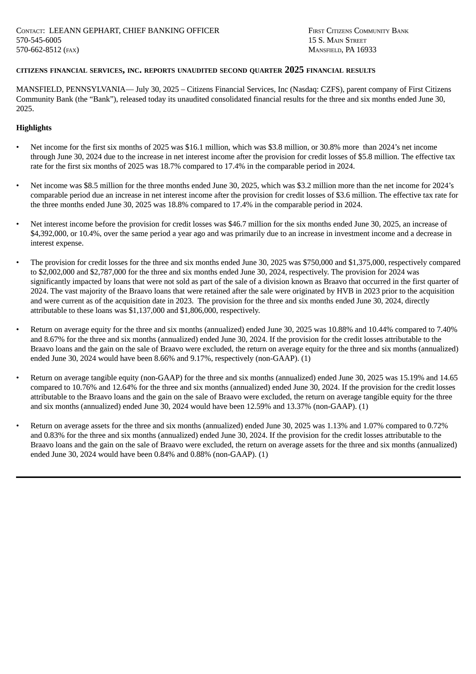 Citizens Financial Services' Q2 2025 Press Release