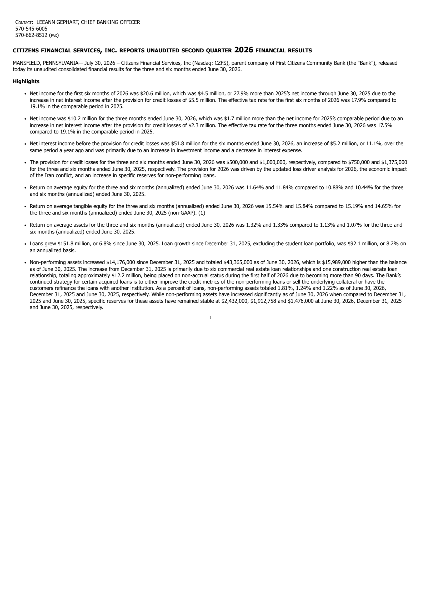 Citizens Financial Services' Q2 2026 Press Release
