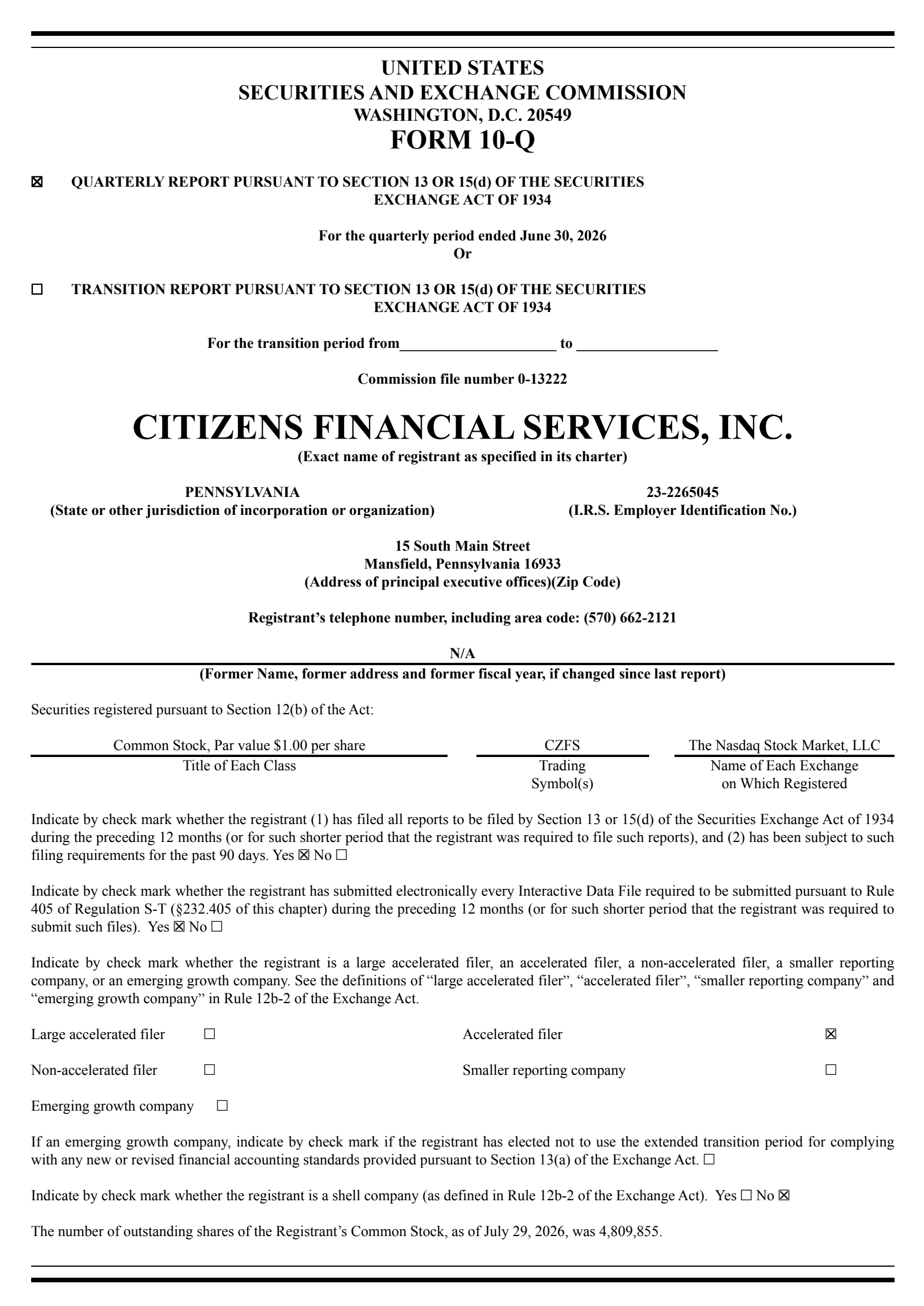 Citizens Financial Services' Q2 2026 Quarterly report