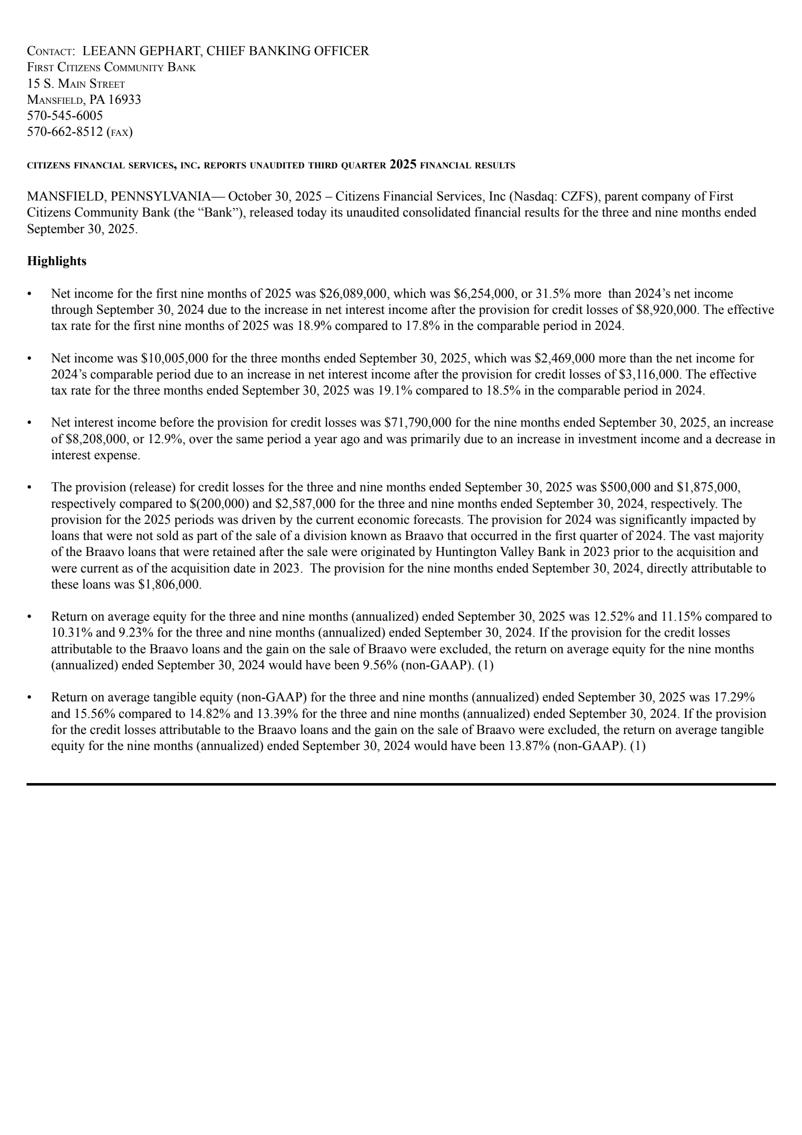 Citizens Financial Services' Q3 2025 Earnings Release