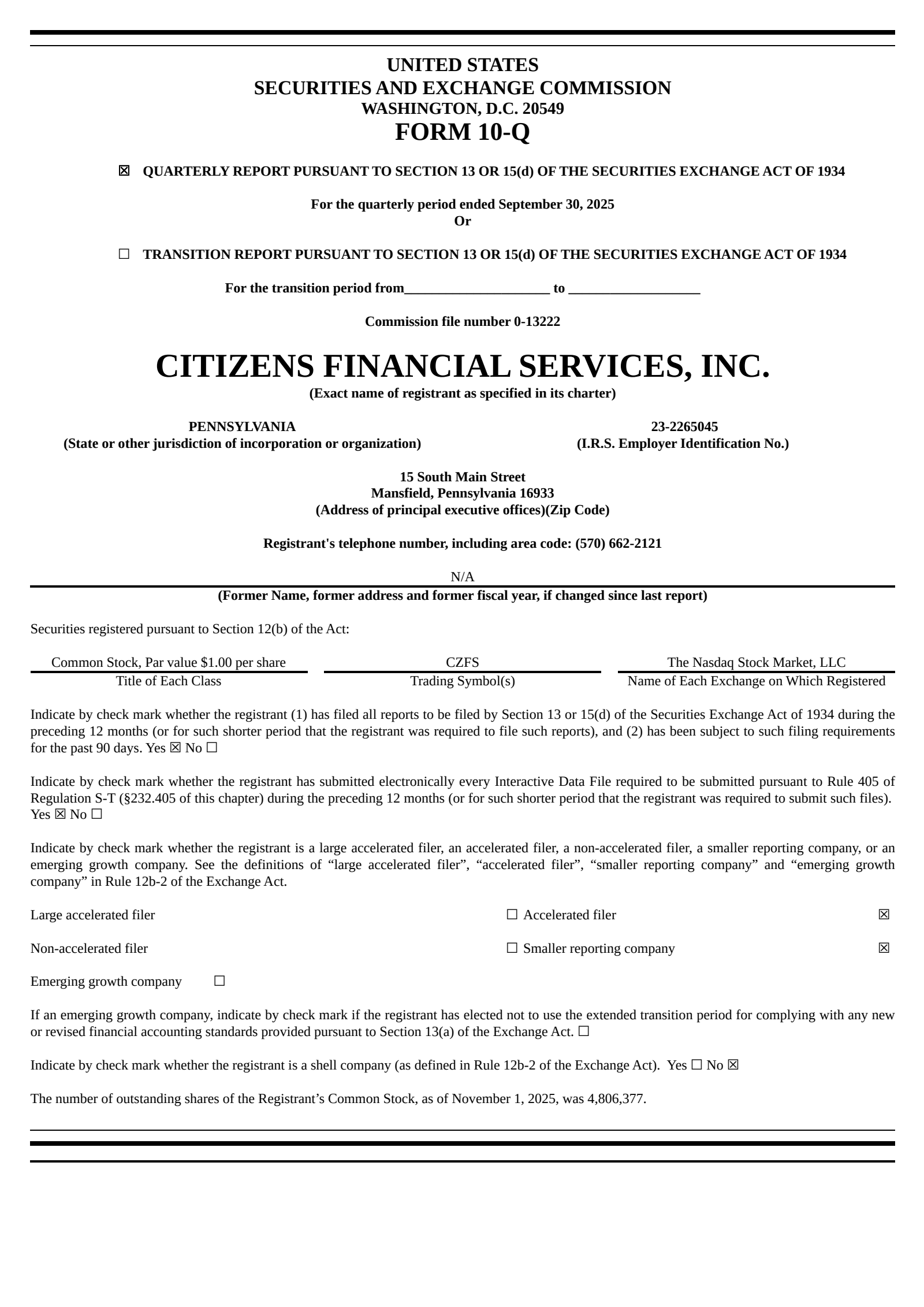 Citizens Financial Services' Q3 2025 Quarterly Report