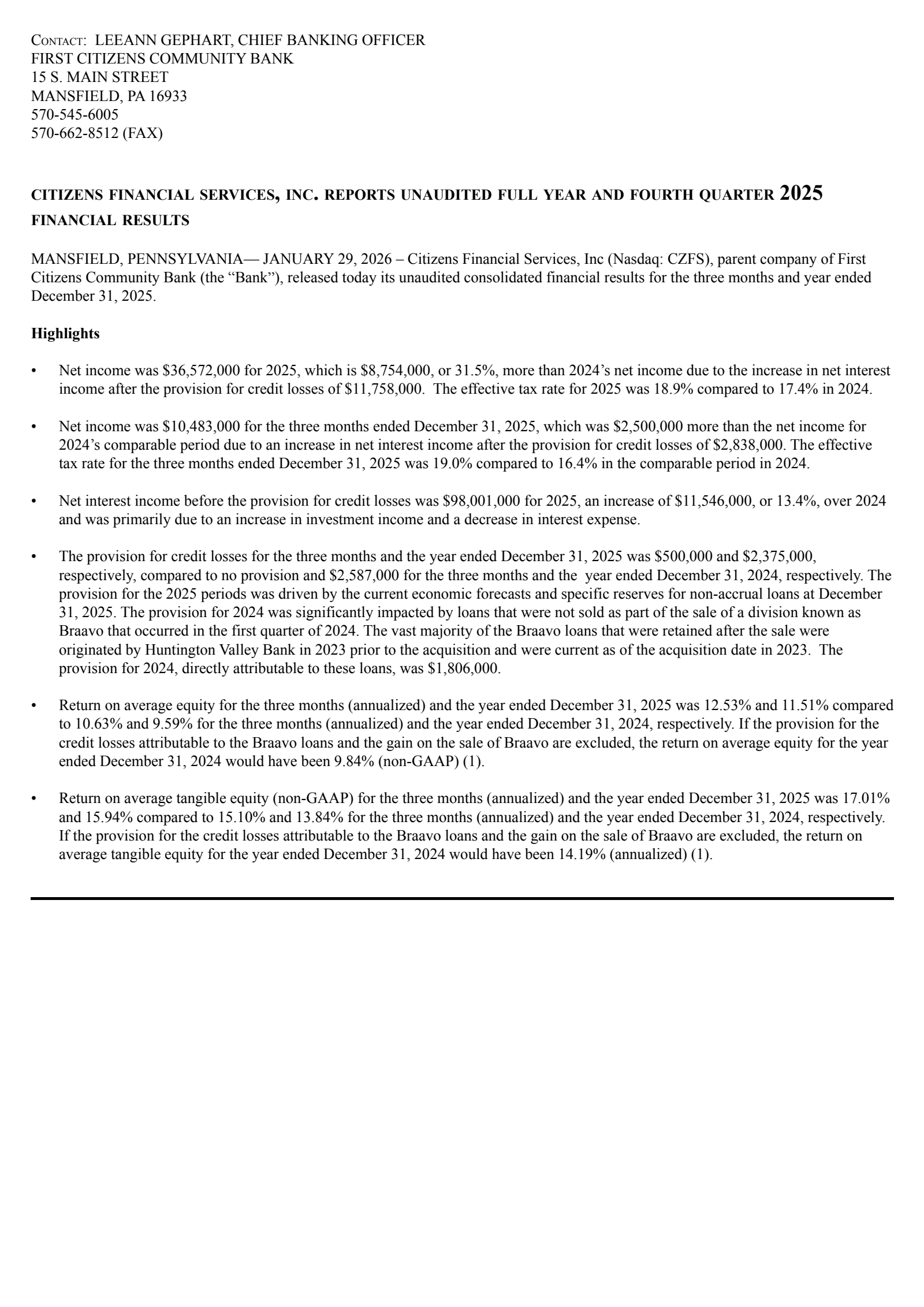 Citizens Financial Services' Q4 2025 Press Release