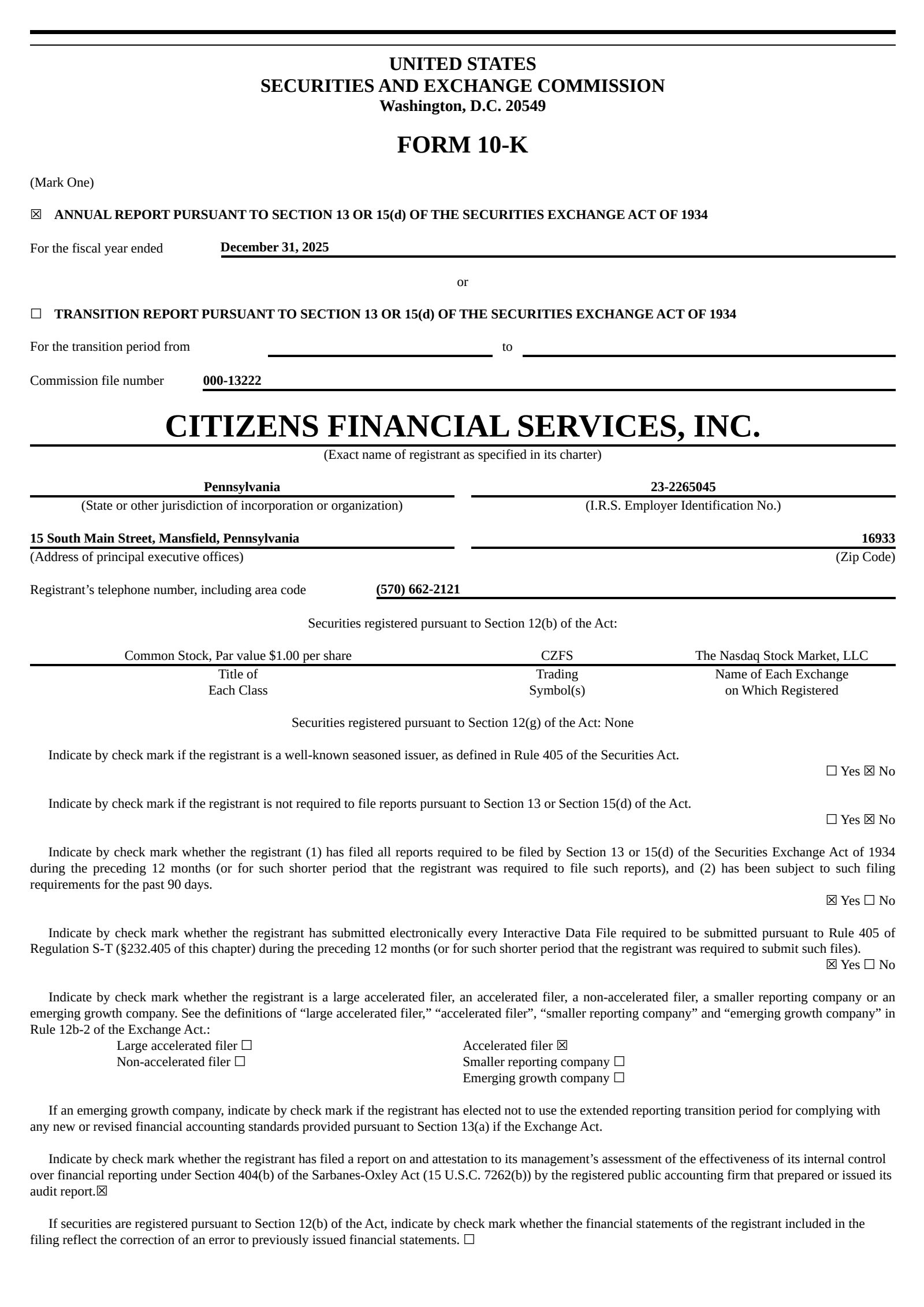 Citizens Financial Services' Q4 2025 Annual report
