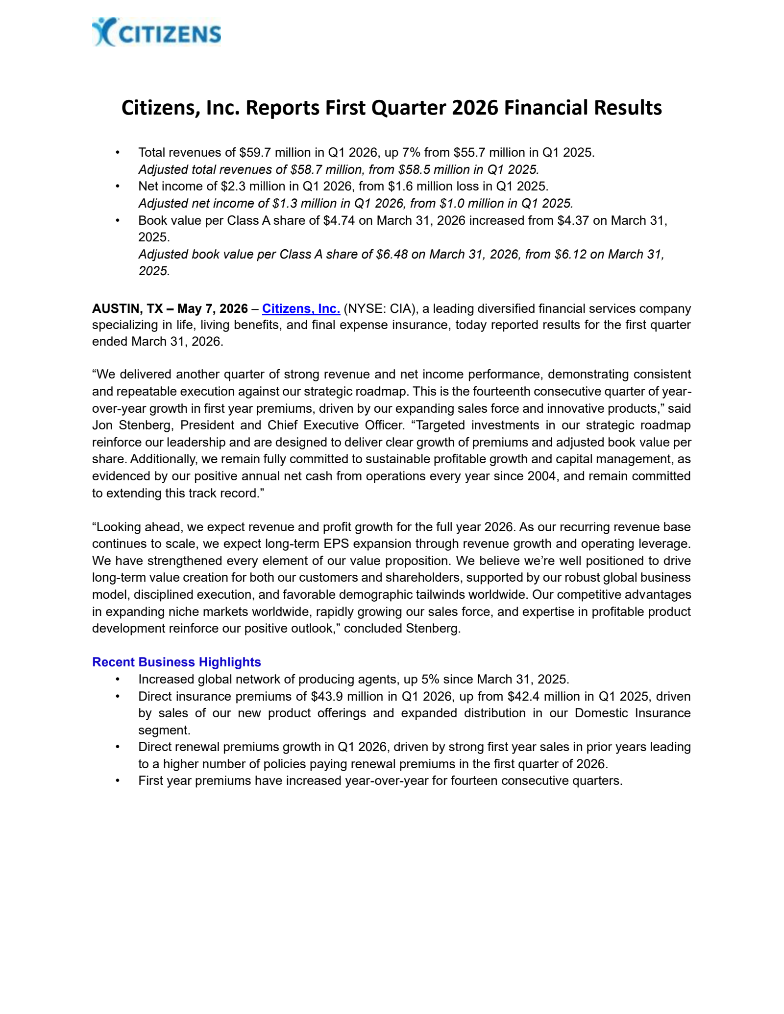 Citizens' Q1 2026 Press Release