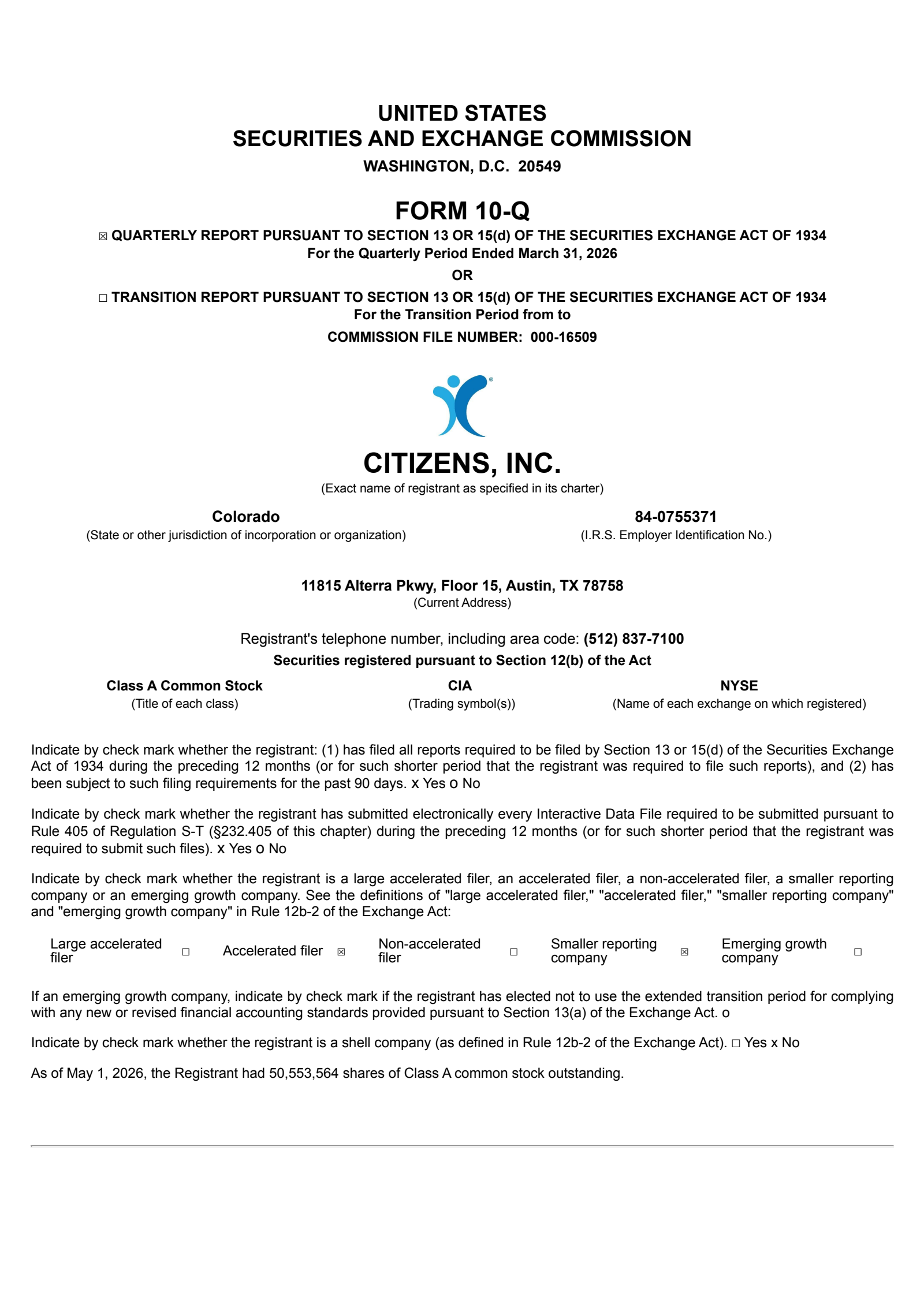 Citizens' Q1 2026 Quarterly report