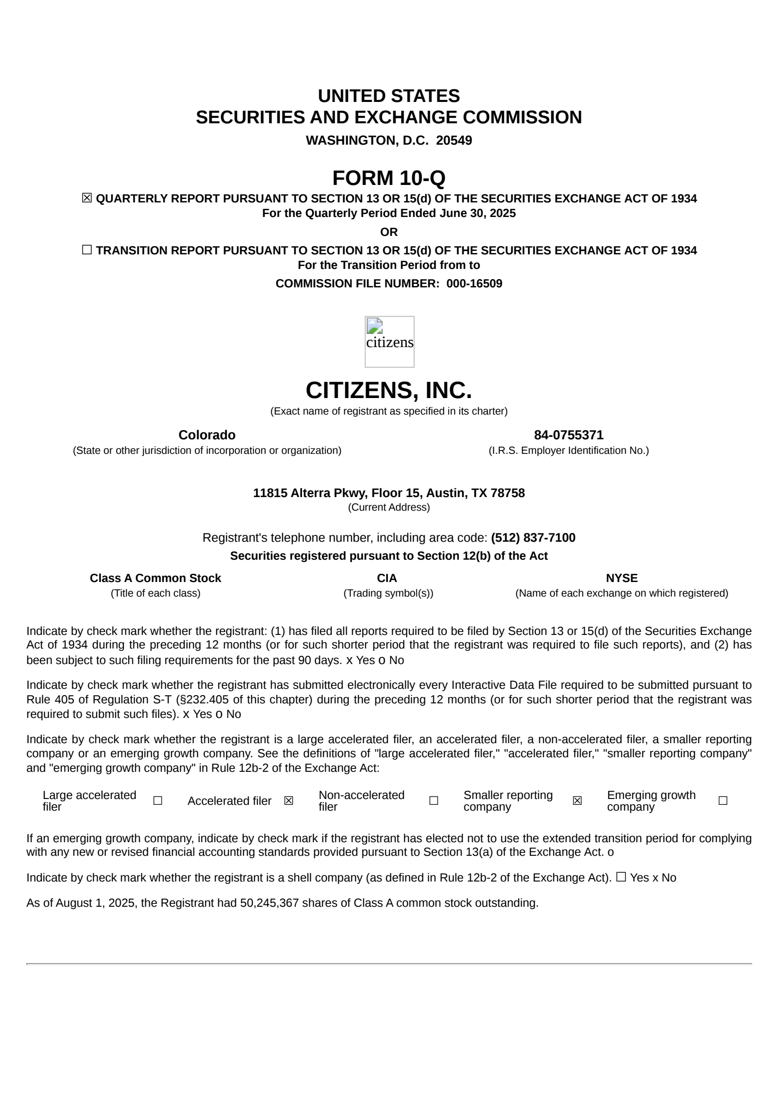 Citizens' Q2 2025 Quarterly report