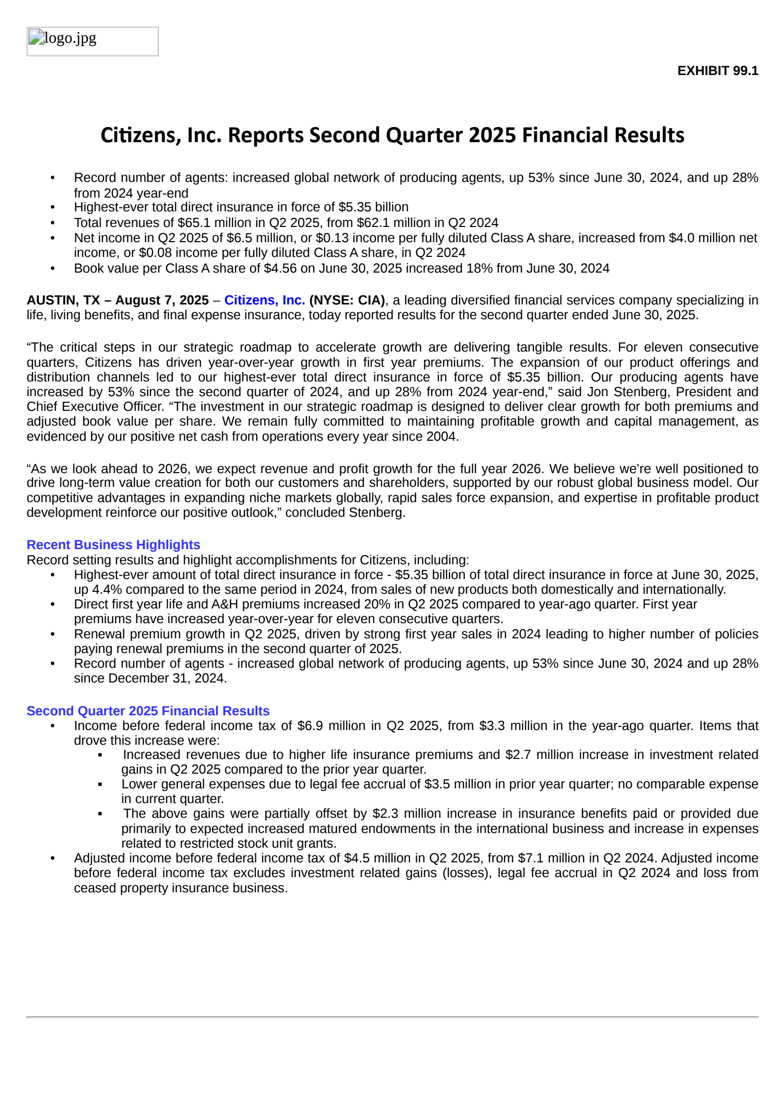 Citizens' Q2 2025 Press Release