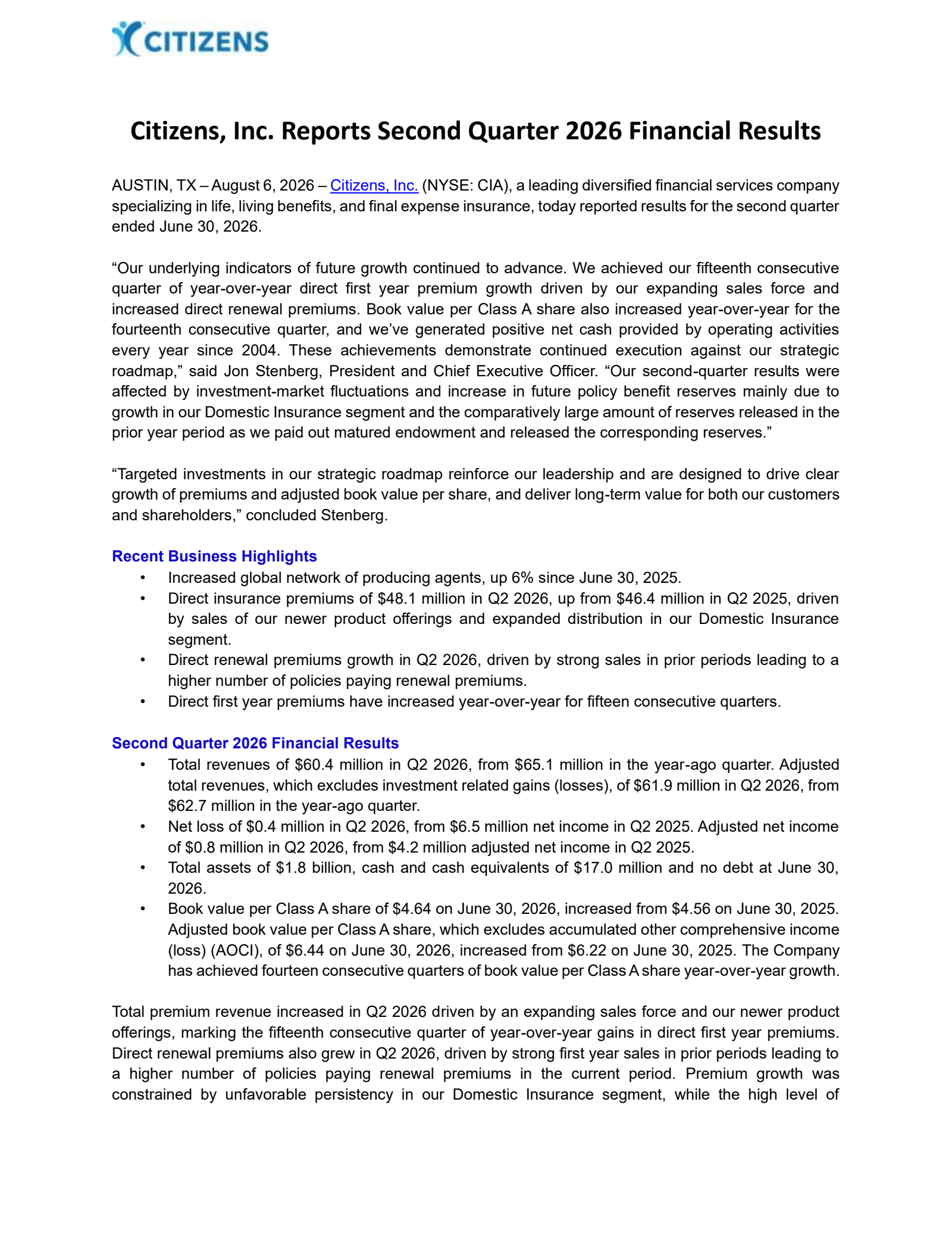 Citizens' Q2 2026 Press Release