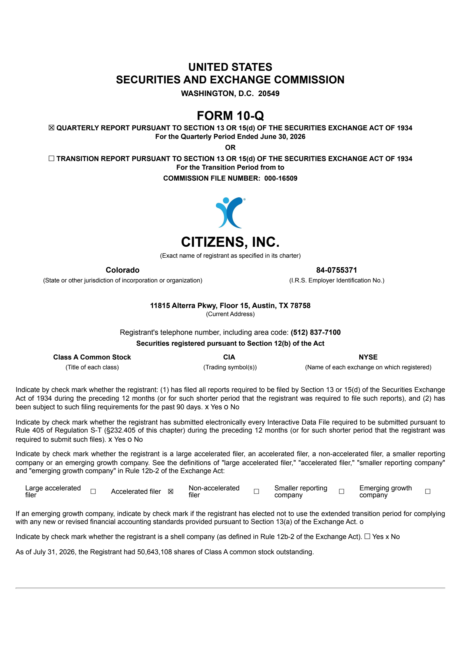 Citizens' Q2 2026 Quarterly report