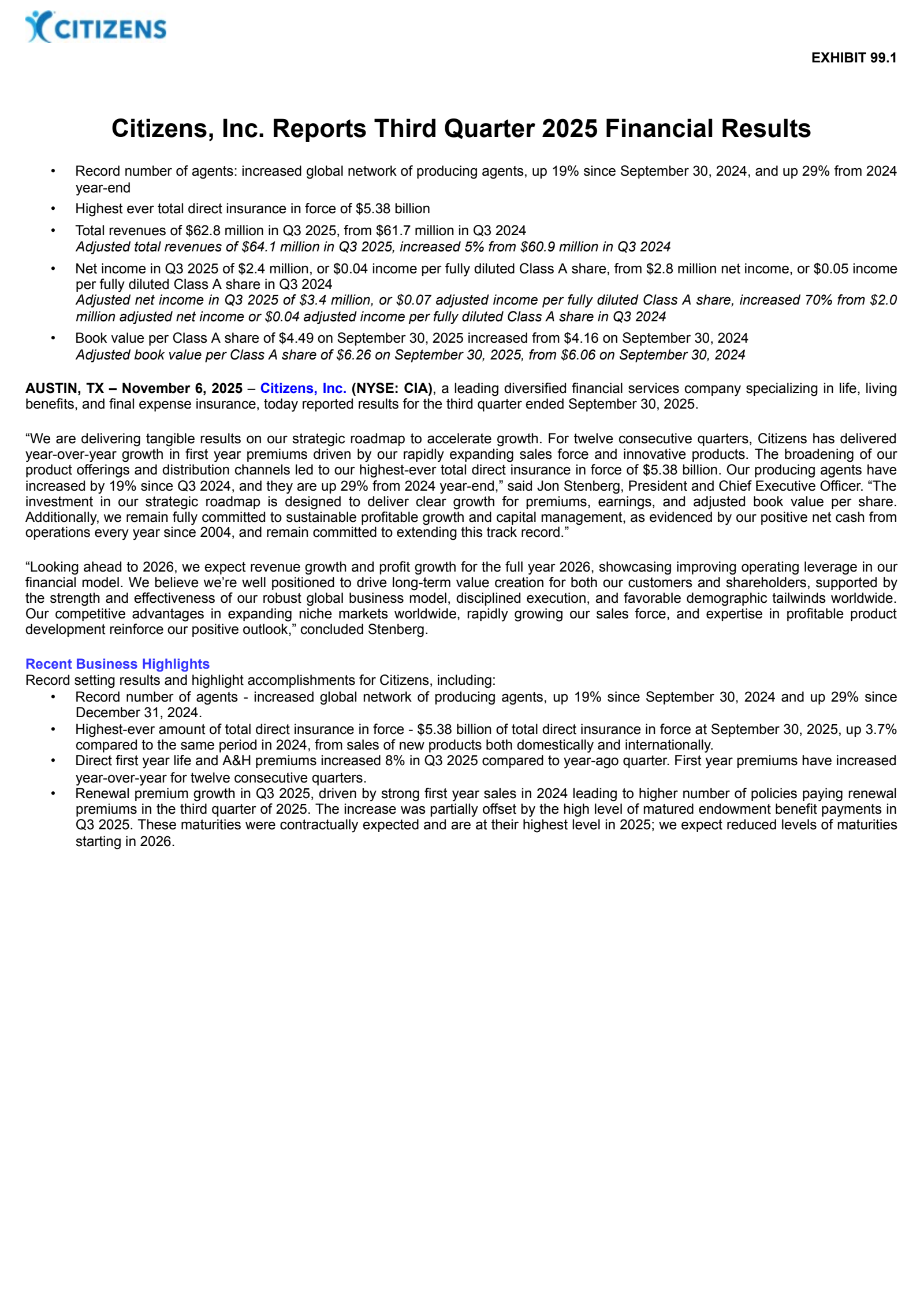 Citizens' Q3 2025 Earnings Release