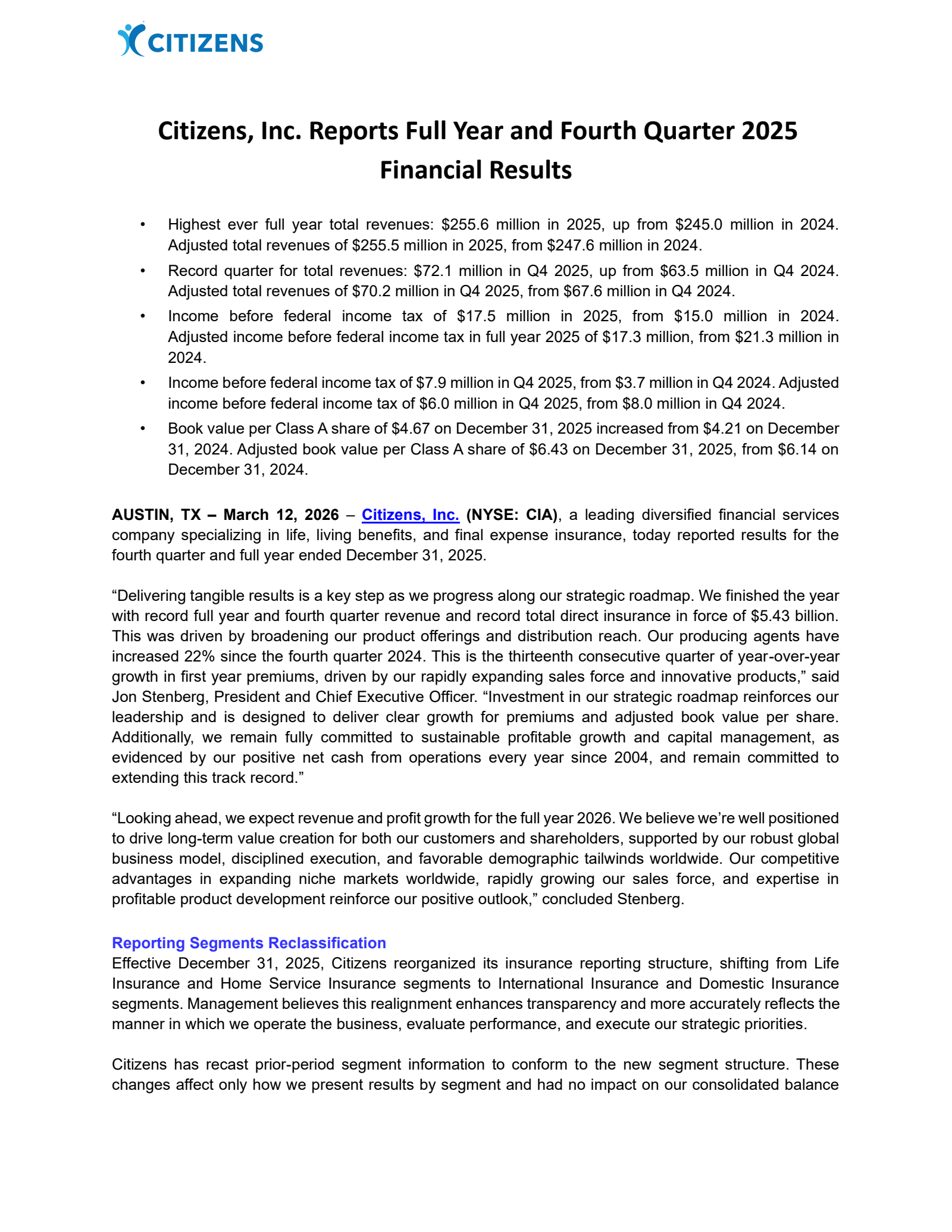 Citizens' Q4 2025 Press Release