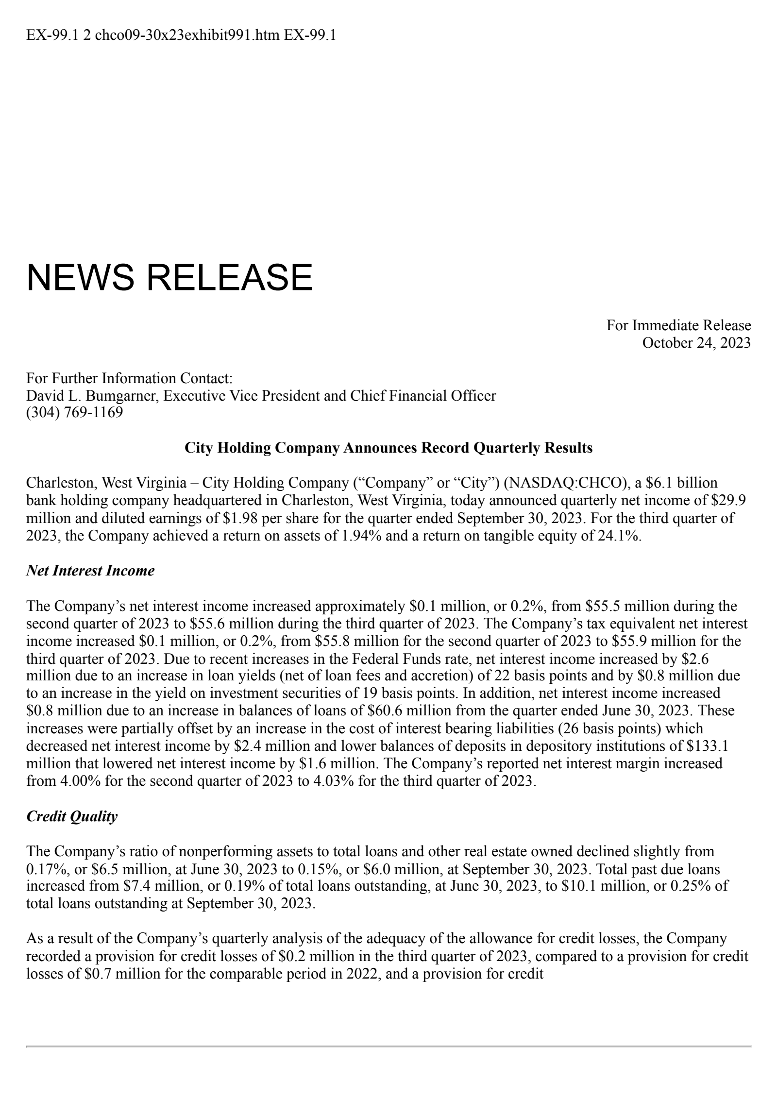 City's Q3 2023 Press Release