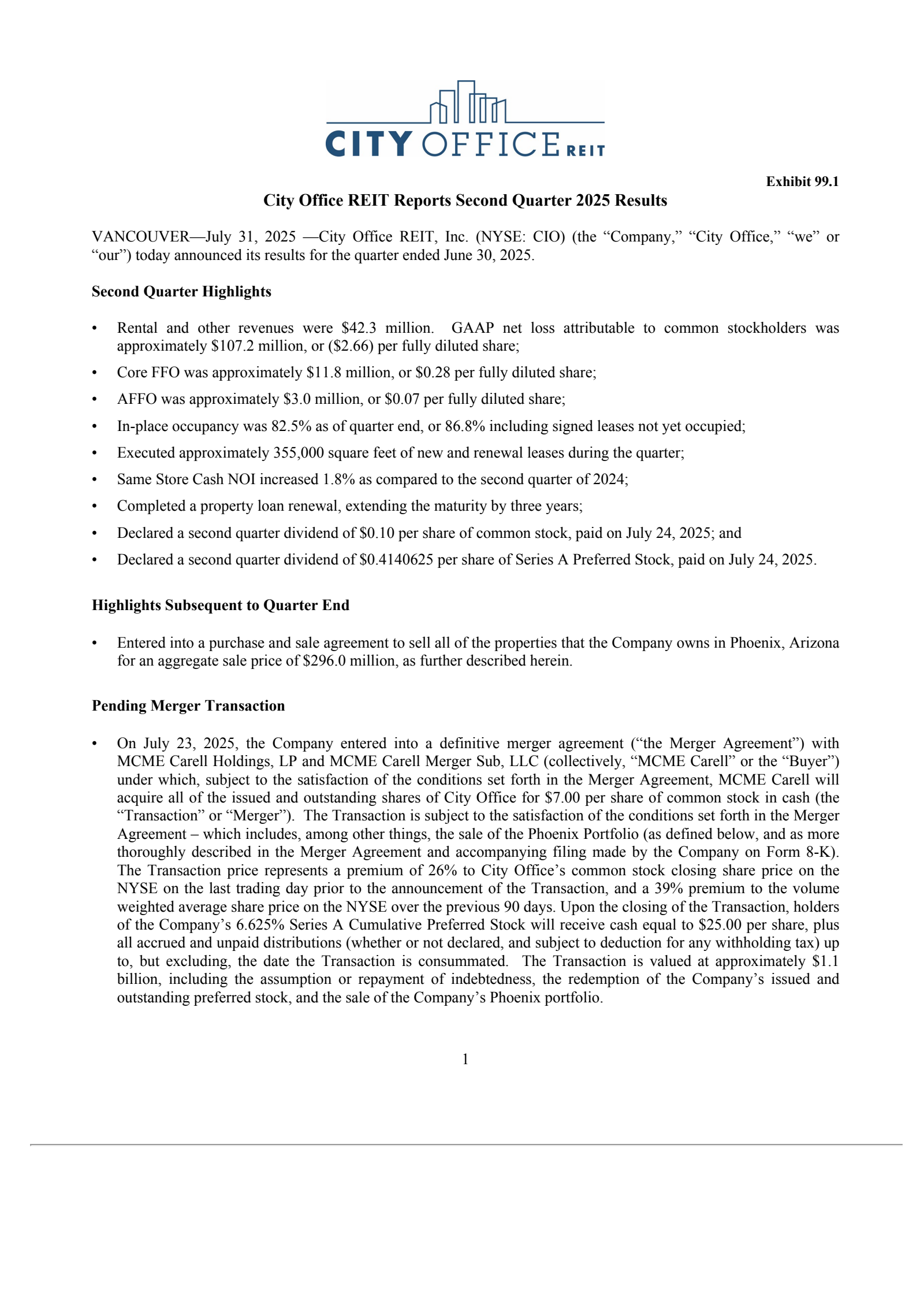 City Office REIT's Q2 2025 Press Release