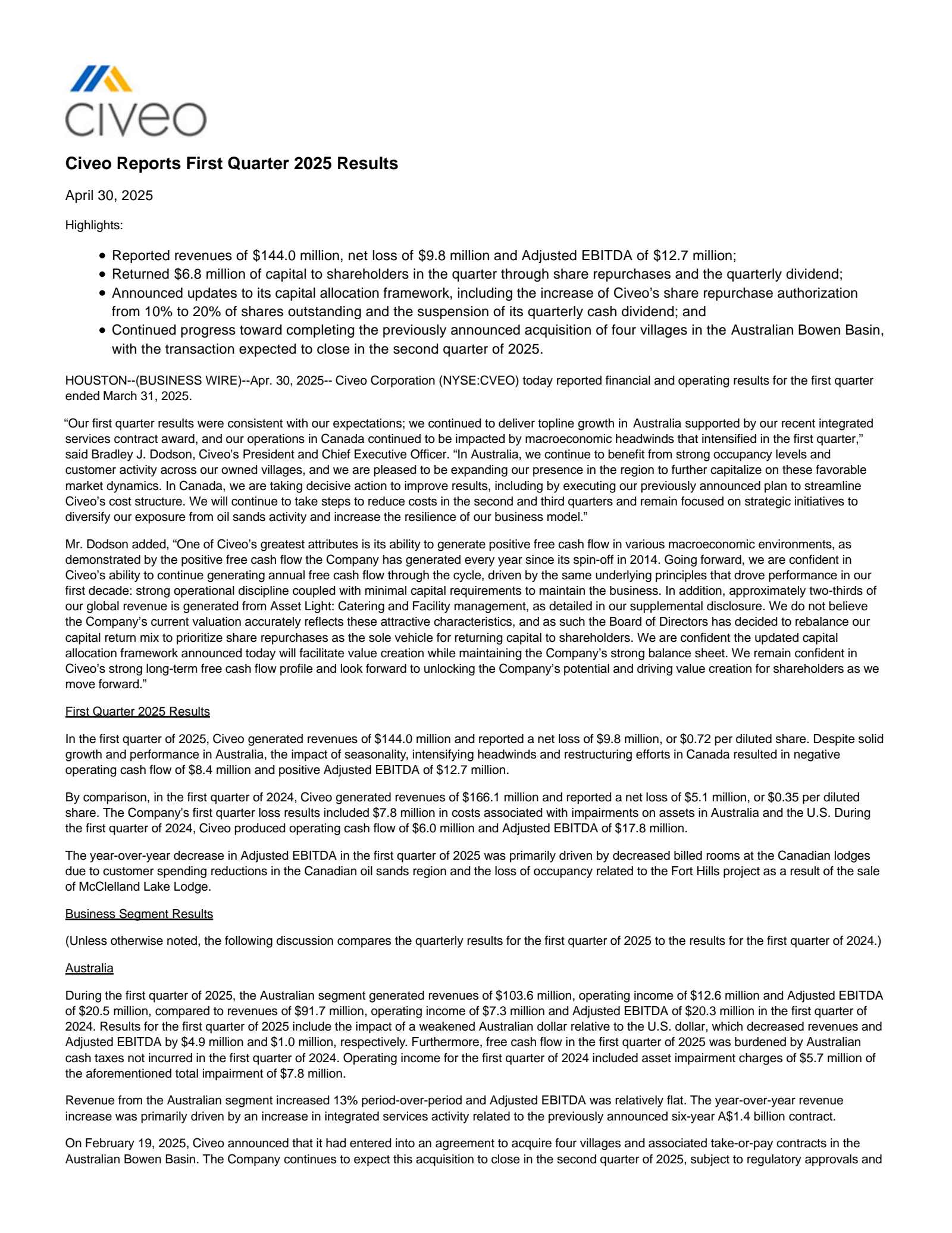 Civeo's Q1 2025 Press Release