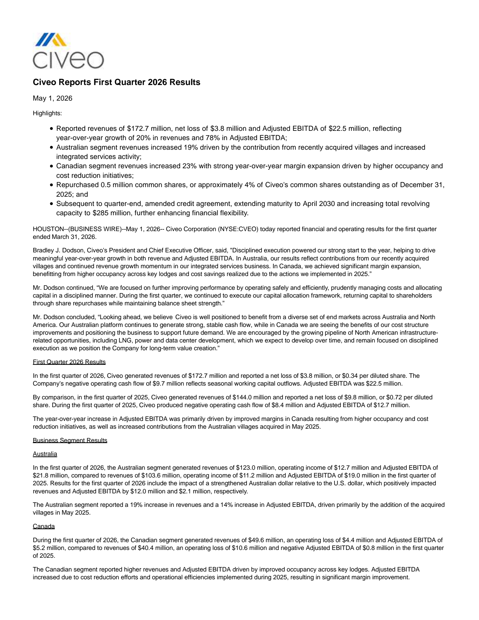 Civeo's Q1 2026 Press Release