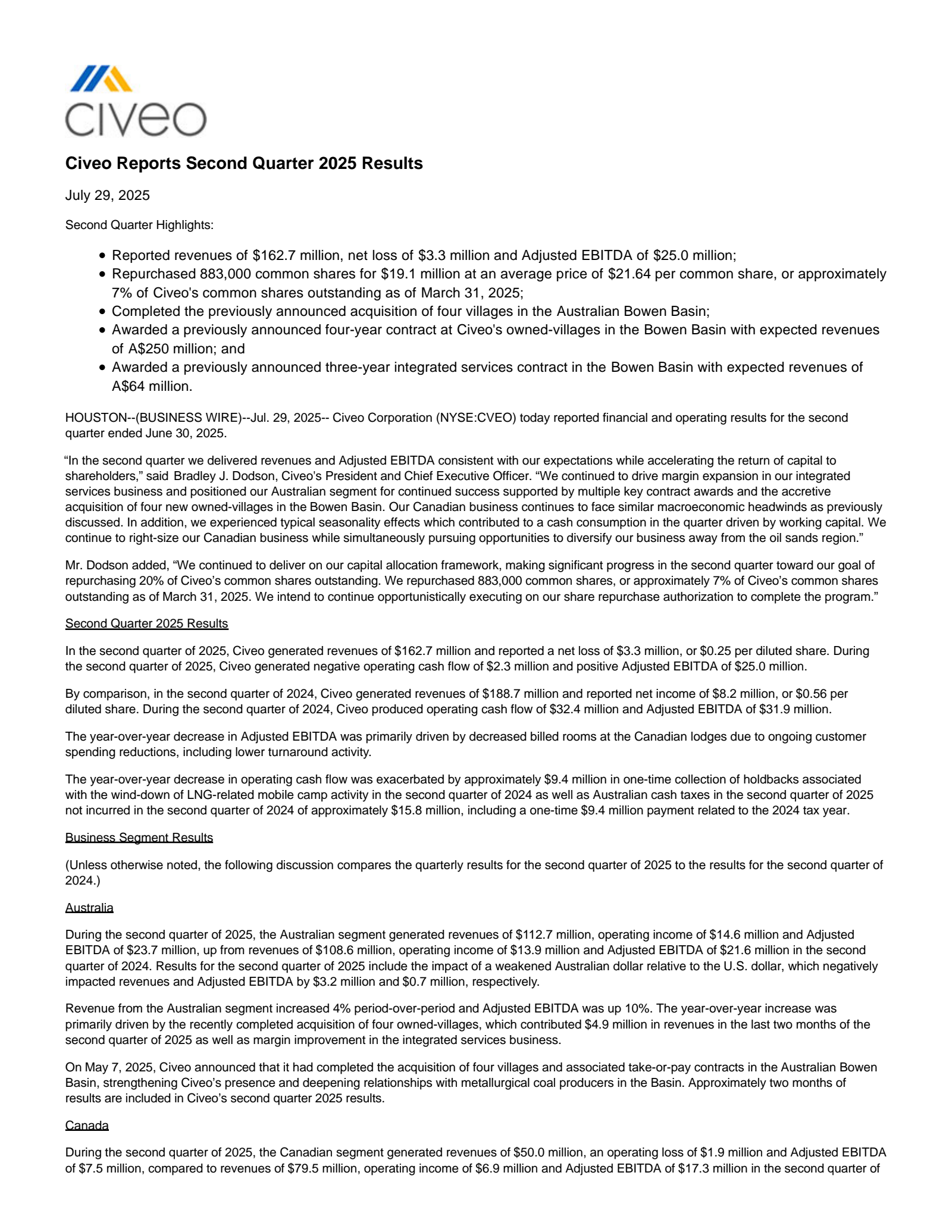 Civeo's Q2 2025 Press Release