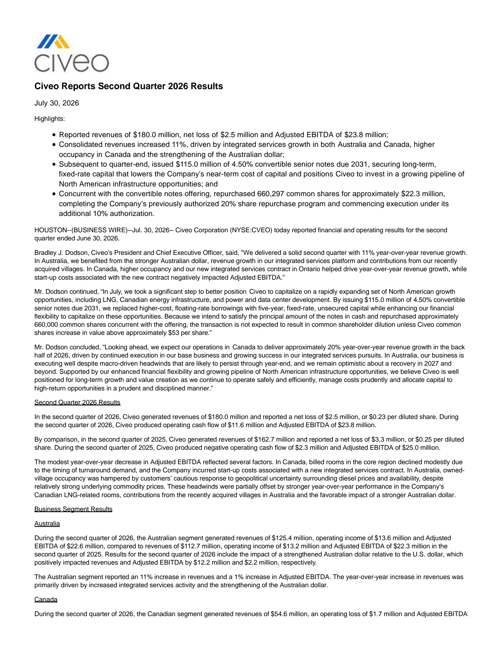 Civeo's Q2 2026 Press Release