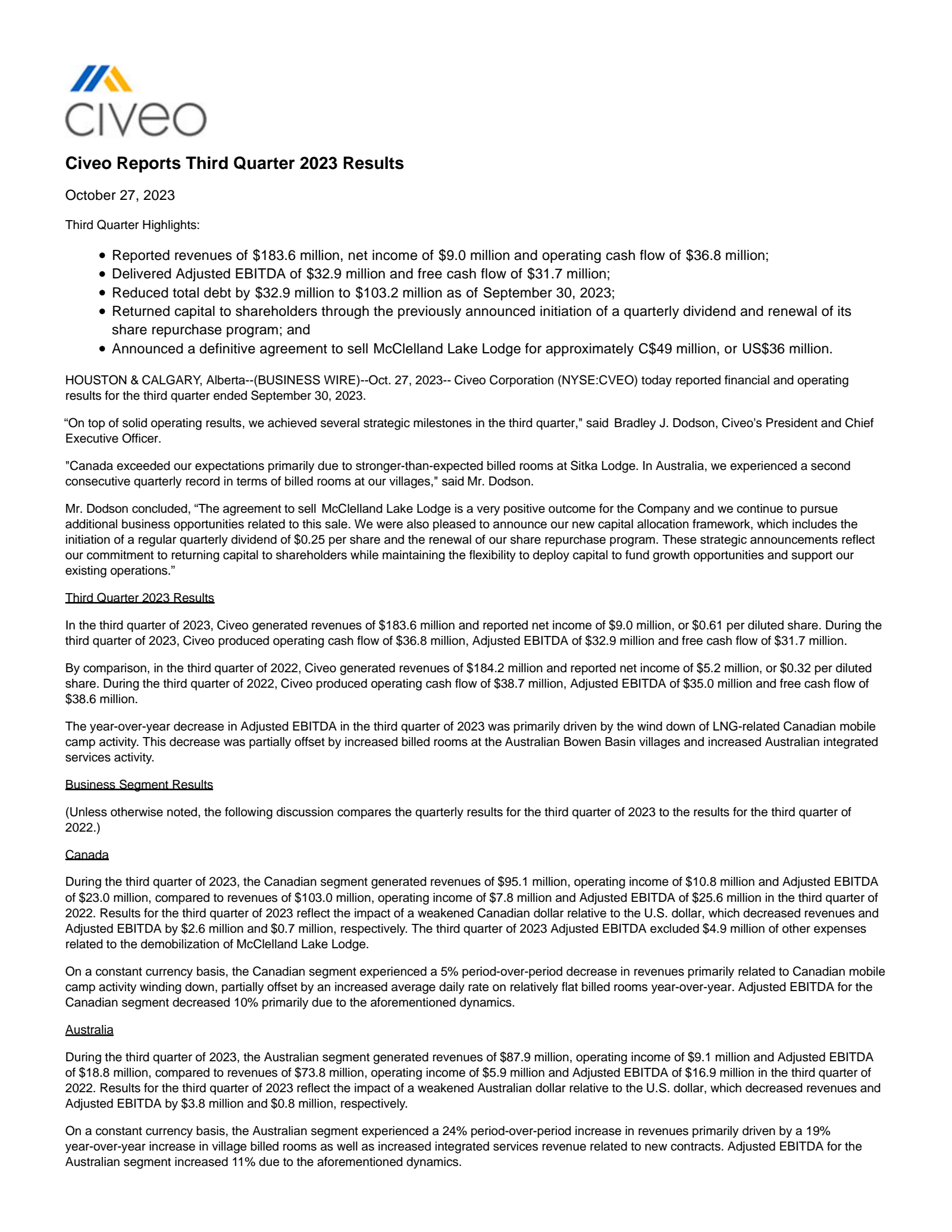Civeo's Q3 2023 Press Release