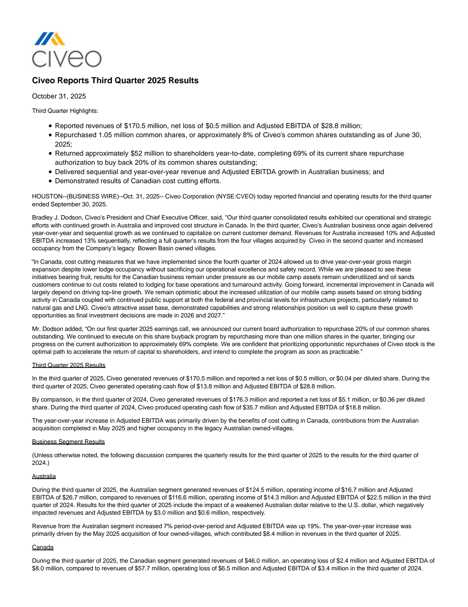 Civeo's Q3 2025 Earnings Release