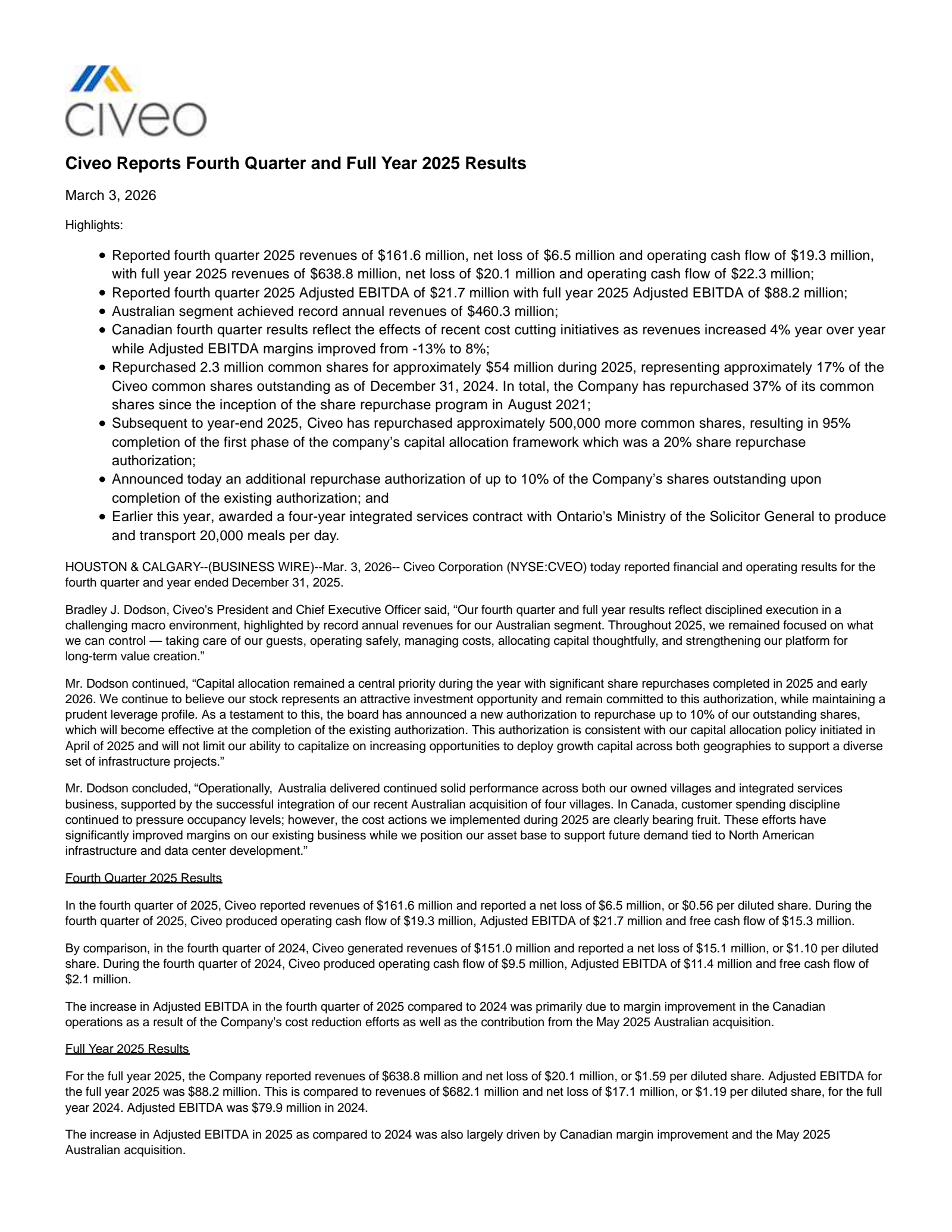 Civeo's Q4 2025 Press Release