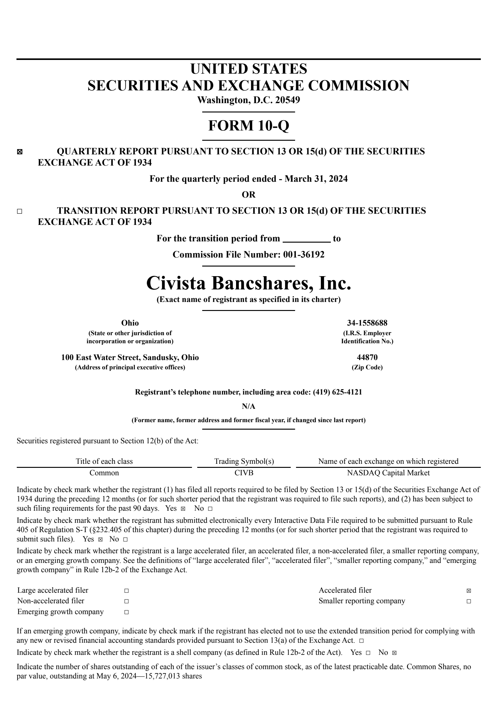 Civista Bancshares' Q1 2024 Quarterly report