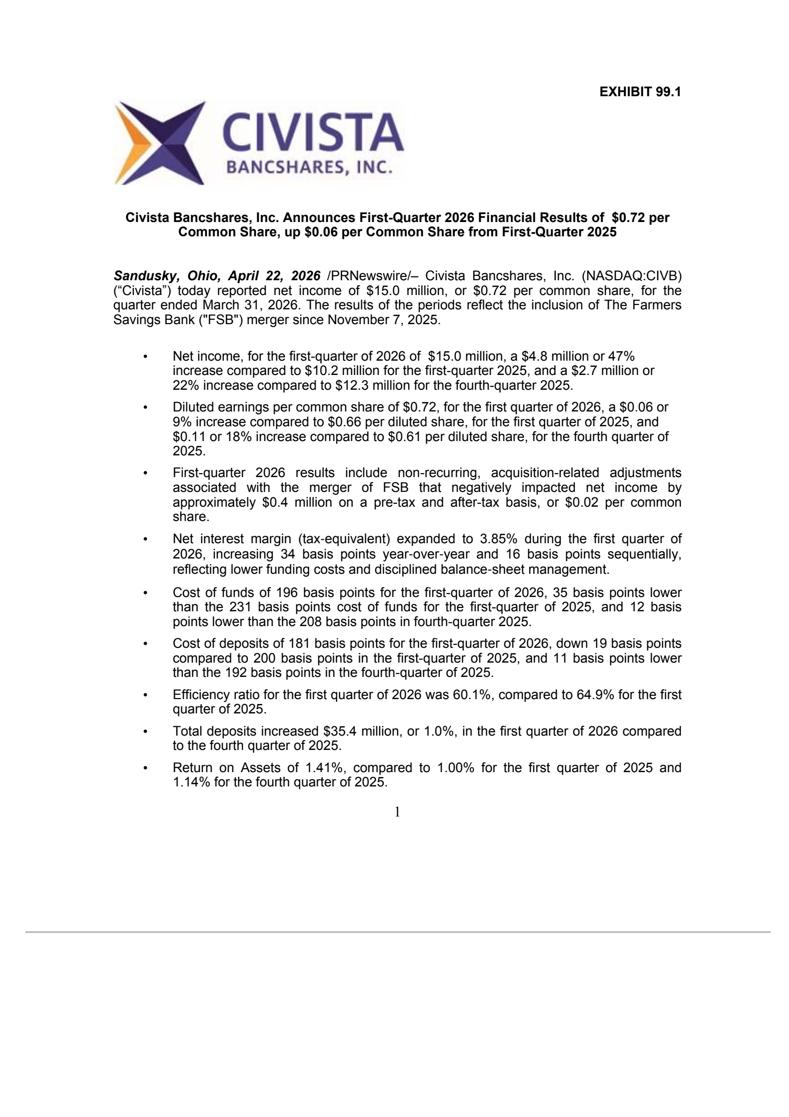 Civista Bancshares' Q1 2026 Press Release