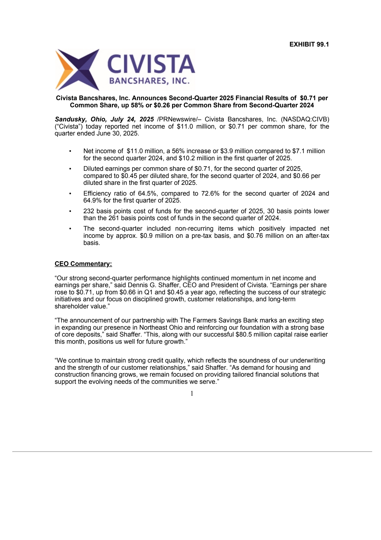 Civista Bancshares' Q2 2025 Press Release