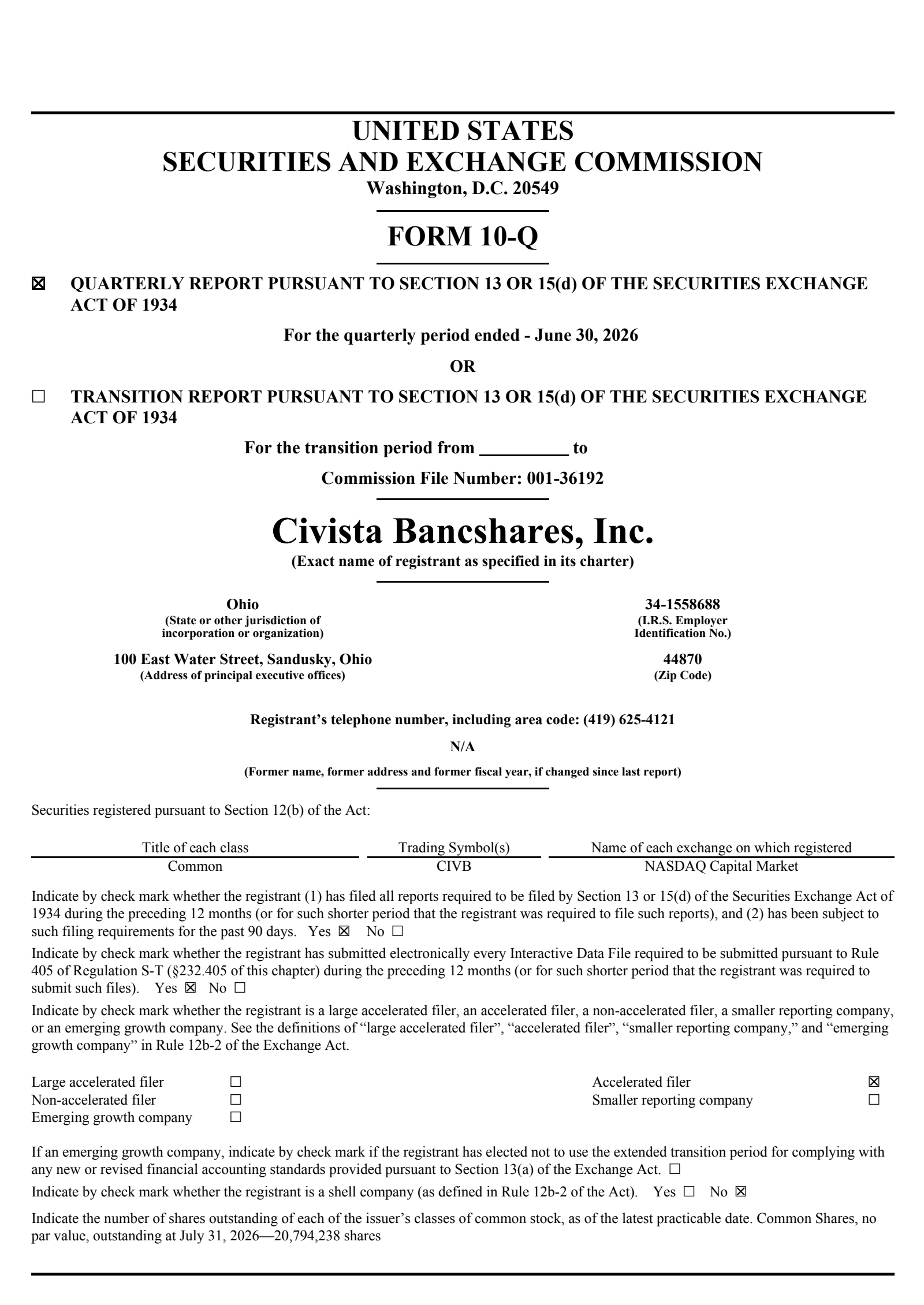 Civista Bancshares' Q2 2026 Quarterly report