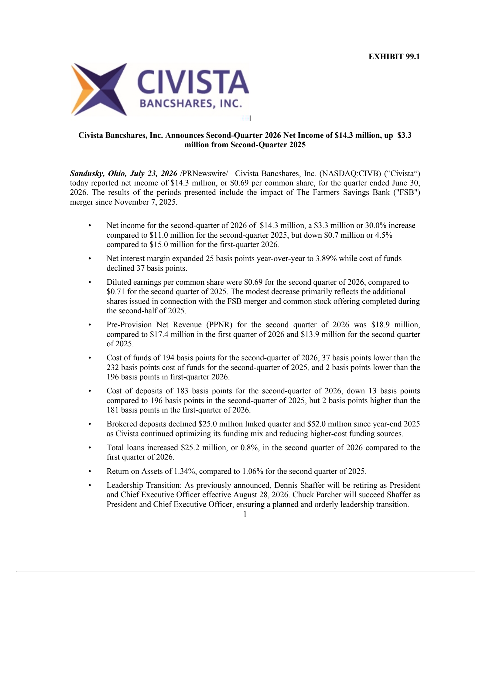 Civista Bancshares' Q2 2026 Press Release