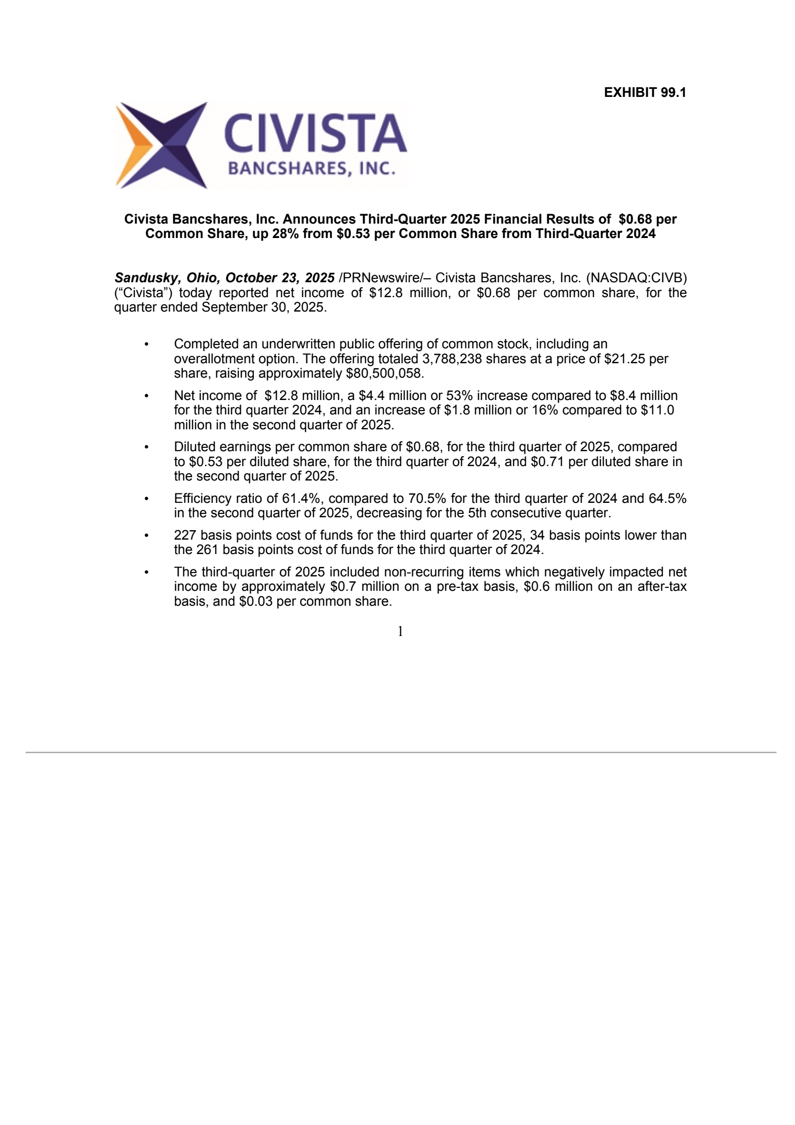 Civista Bancshares' Q3 2025 Earnings Release
