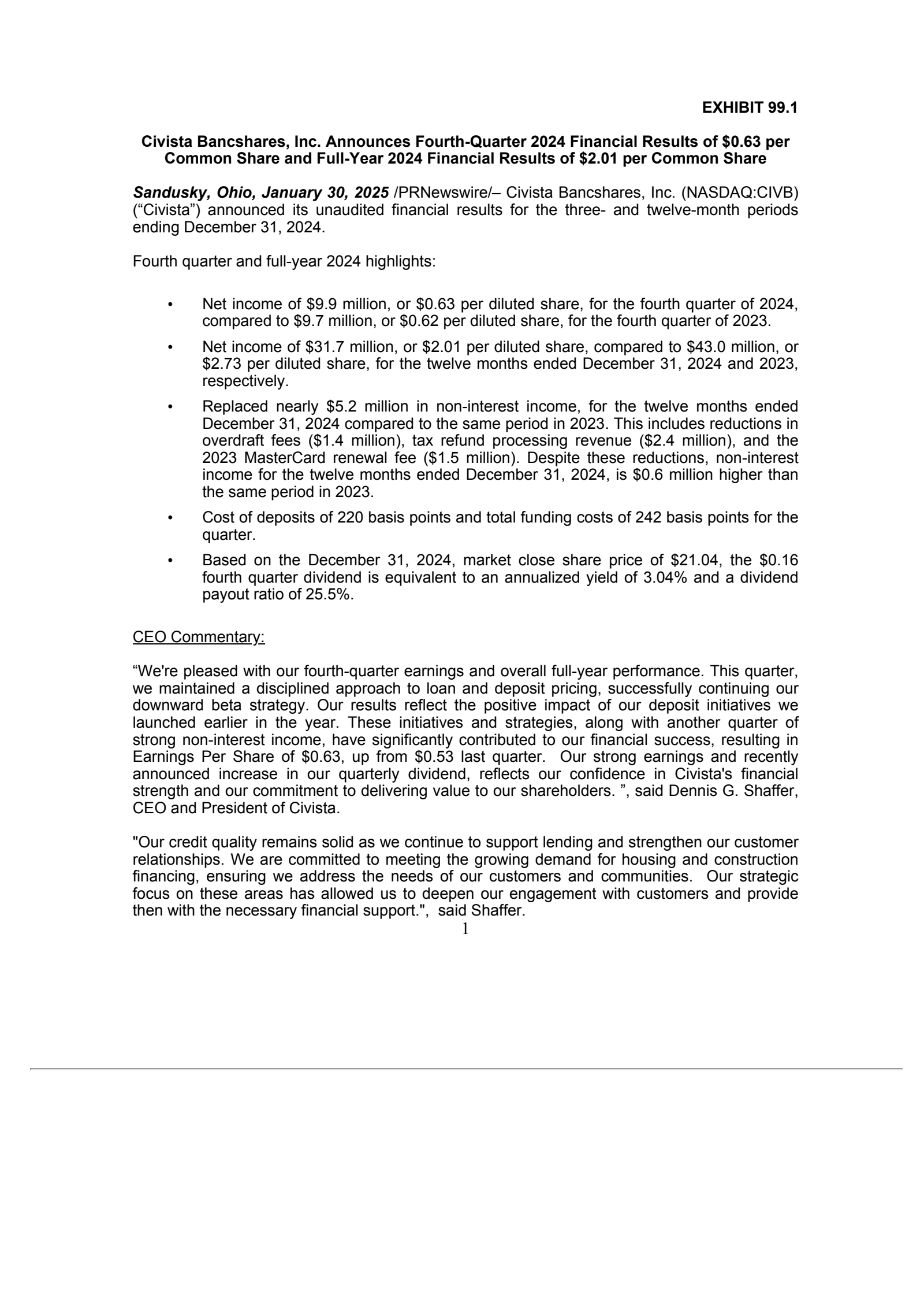 Civista Bancshares' Q4 2024 Press Release