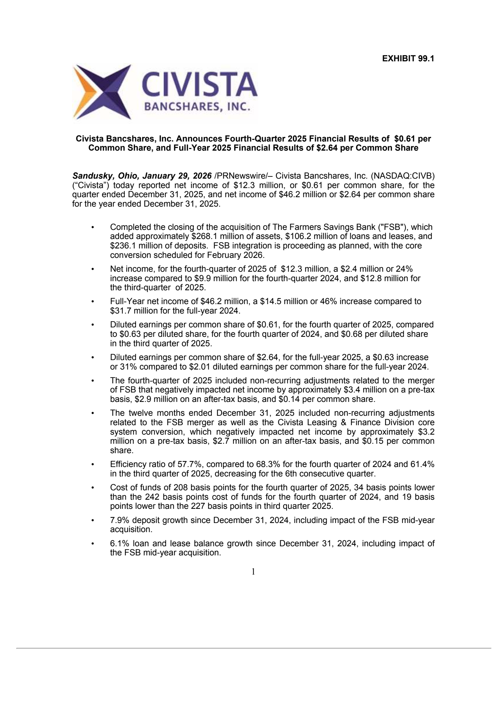 Civista Bancshares' Q4 2025 Press Release