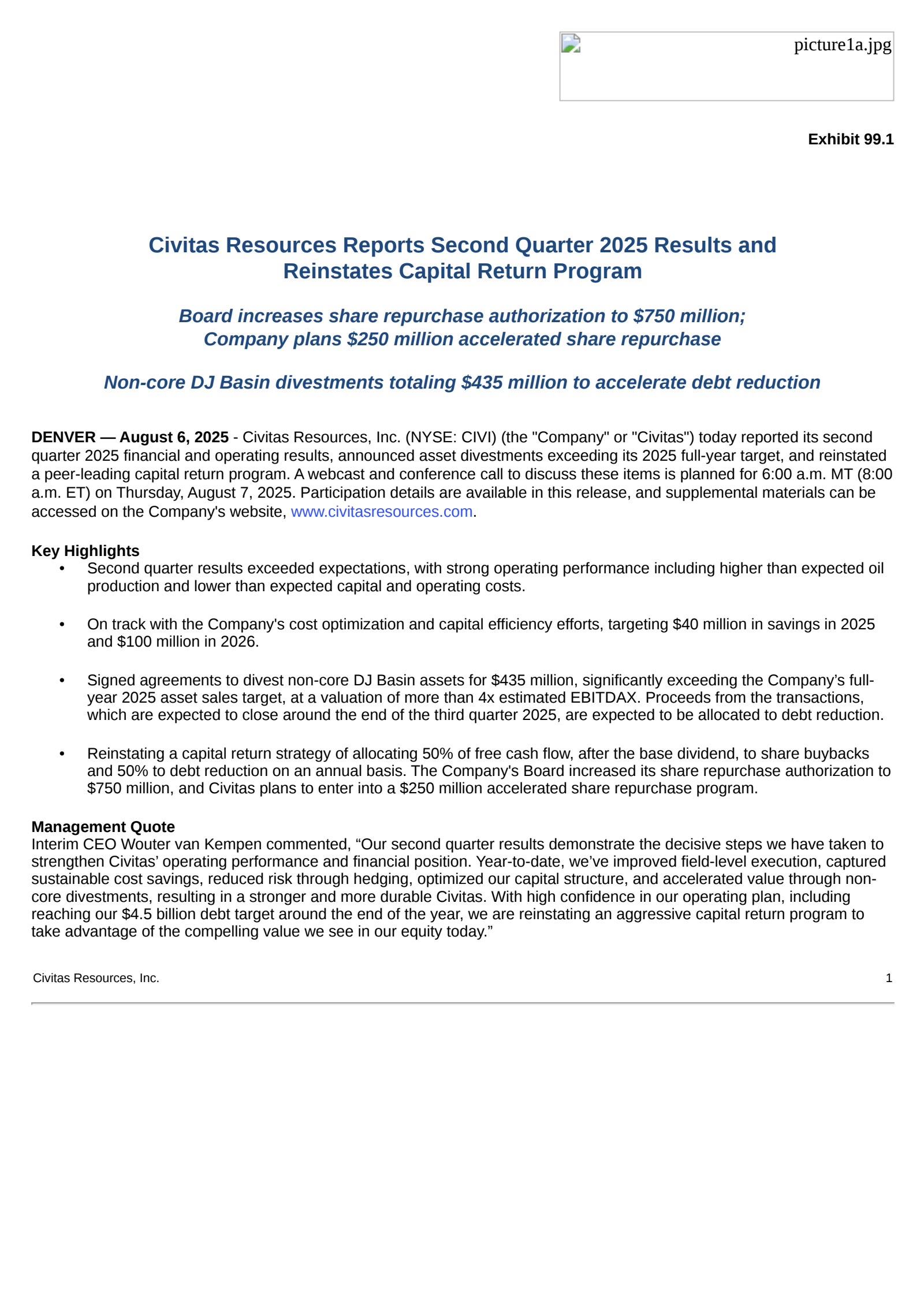Civitas Resources' Q2 2025 Press Release