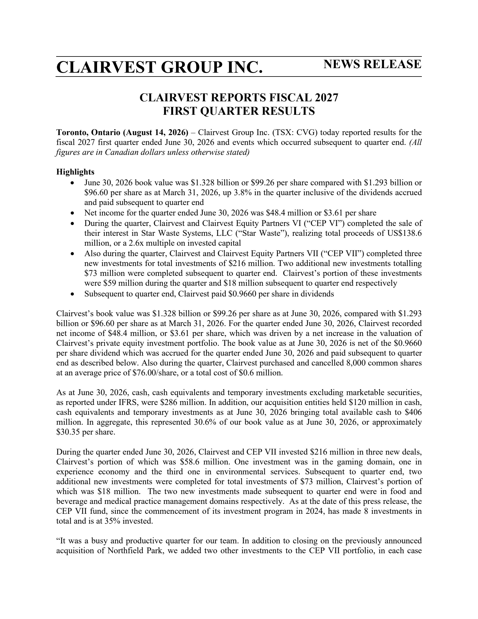 Clairvest Group's Q1 2027 Press Release